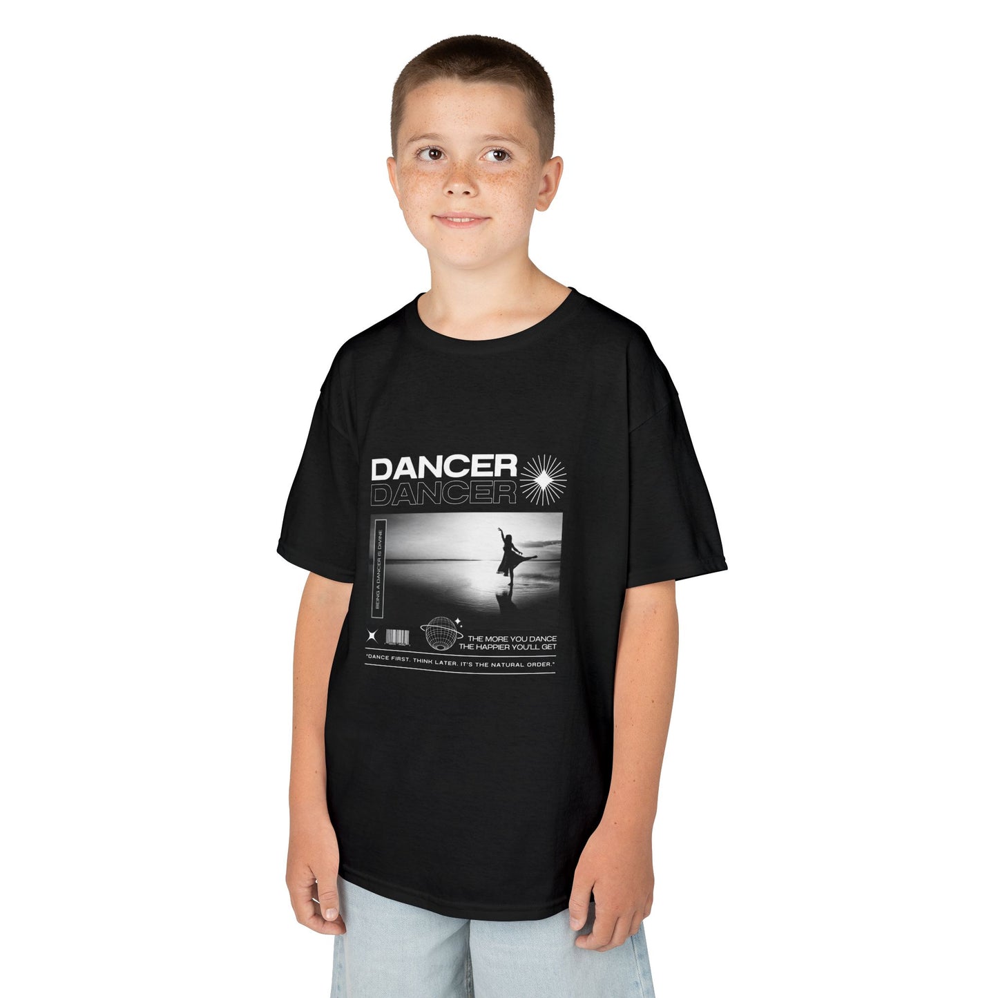 "Dancer" Arabesque on the Beach – Youth Short Sleeve Dance Tee in Streetwear-Inspired Style