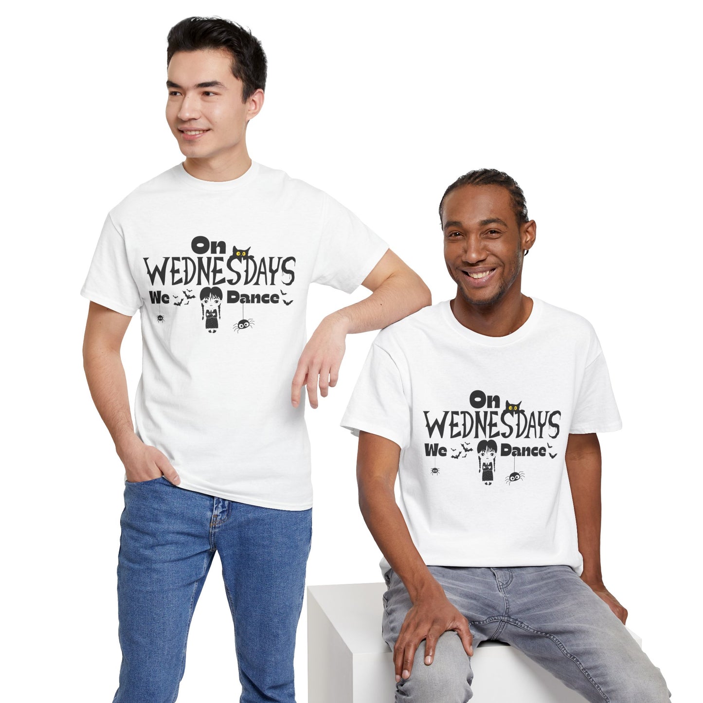 “On Wednesdays We Dance” Gothic Halloween T-Shirt with Cute Girl, Black Cat, Spiders & Bats - Unisex Heavy Cotton Tee