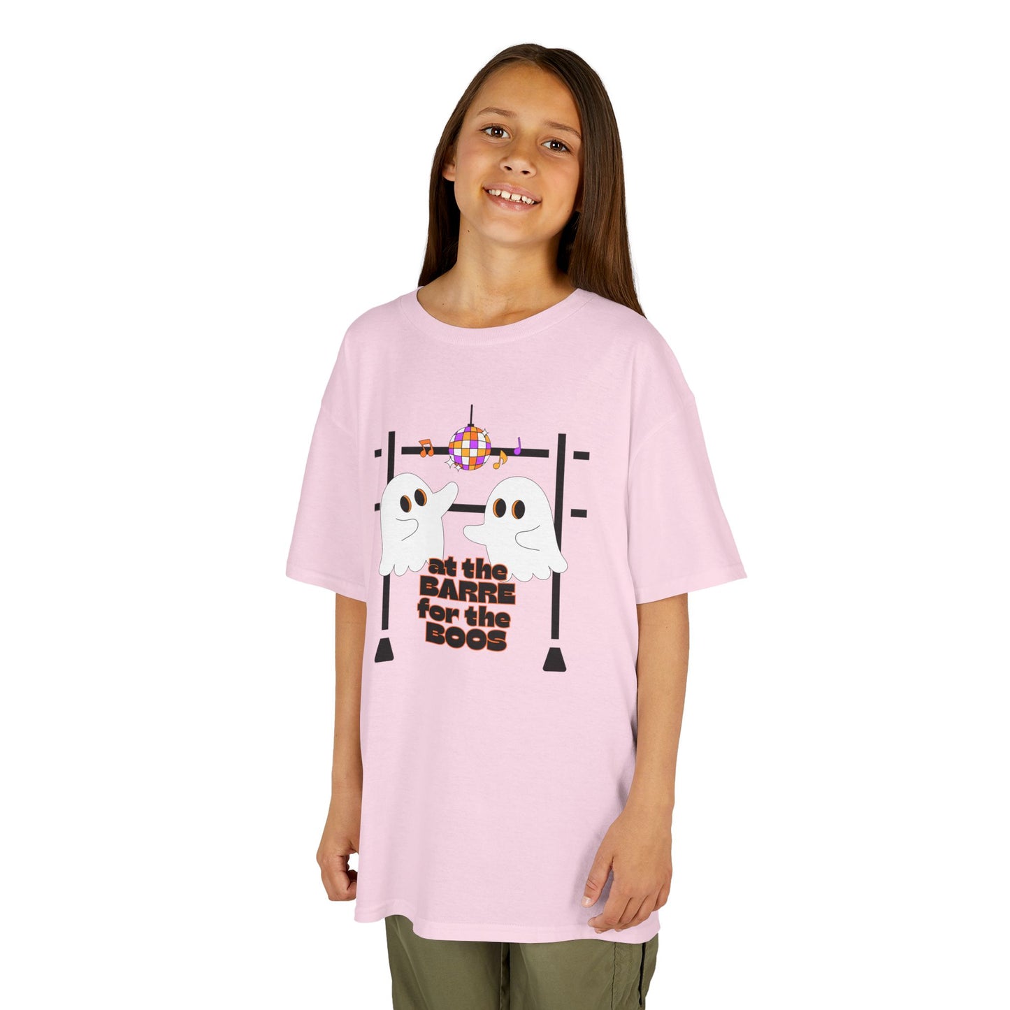 “At the Barre for the Boos” Halloween Dance T-Shirt with Cute Ghost Ballet Graphics - Kids Heavy Cotton™ Tee