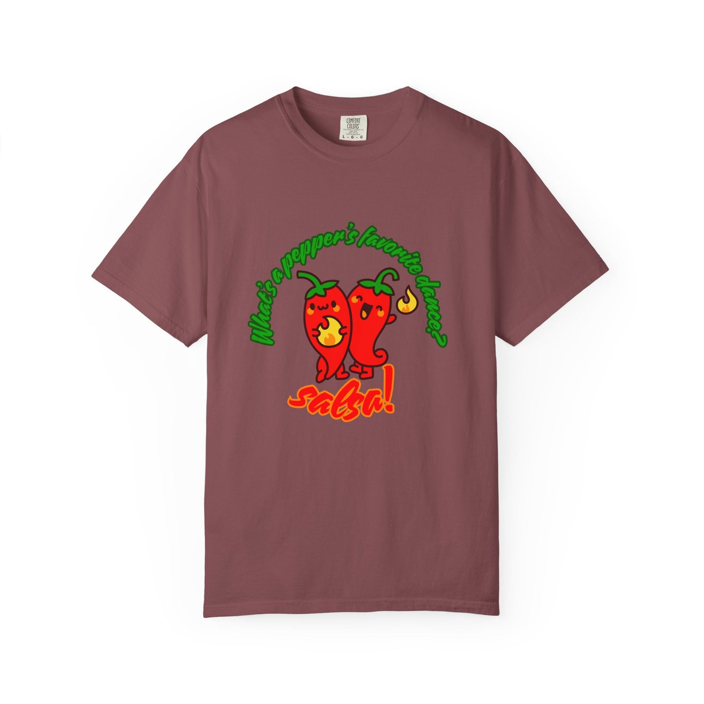 "What's a Pepper's Favorite Dance? Salsa!" Dance Pun Unisex Garment-Dyed T-Shirt – Funny Dance Joke Tee with Cute Pepper Graphic – Dance Humor Shirt for Food & Pun Lovers
