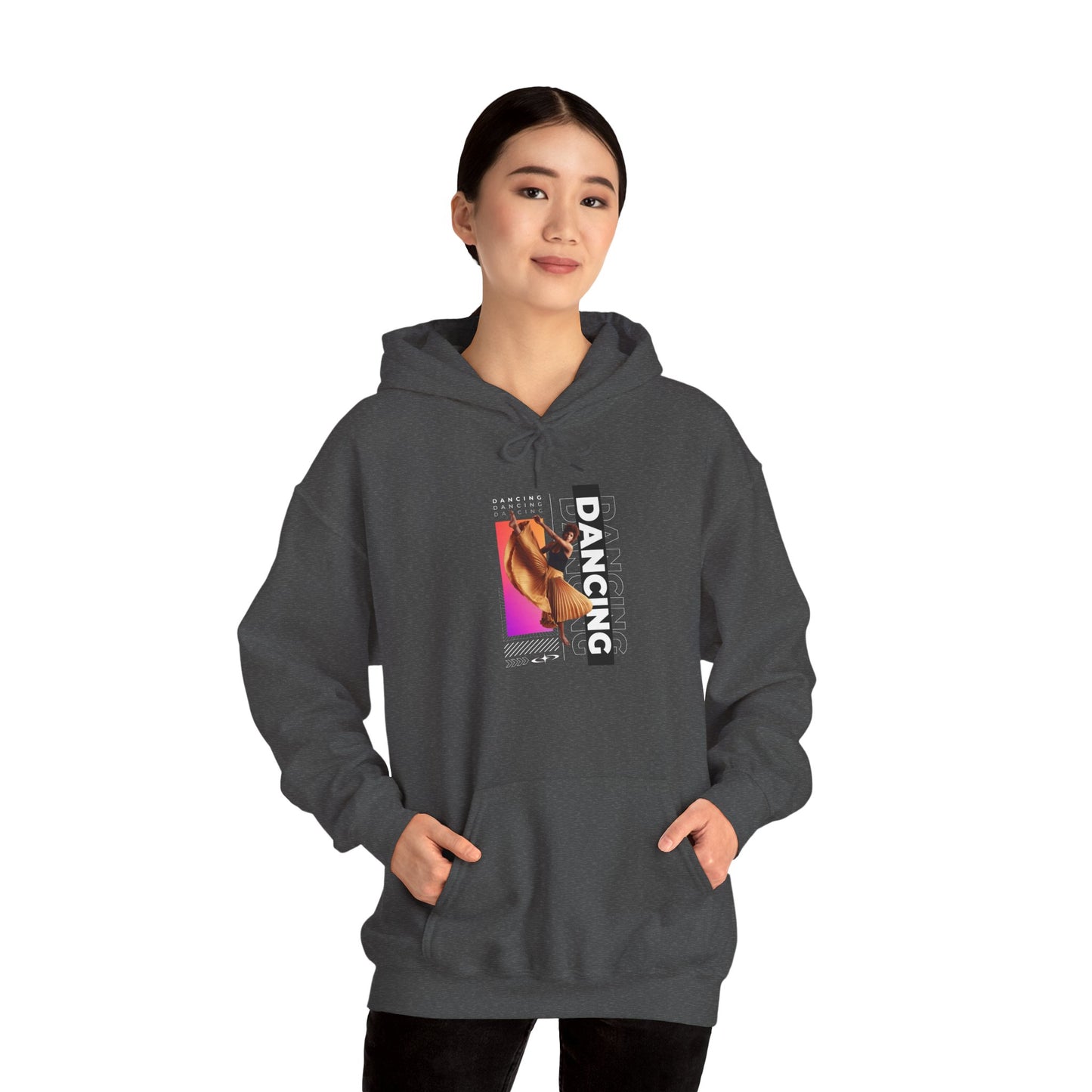"Dancing” Text with Streetwear-Style Female Dancer Graphic - Unisex Heavy Blend™ Hooded Sweatshirt – Cozy Dance Hoodie for Ballet & Hip-Hop Enthusiasts