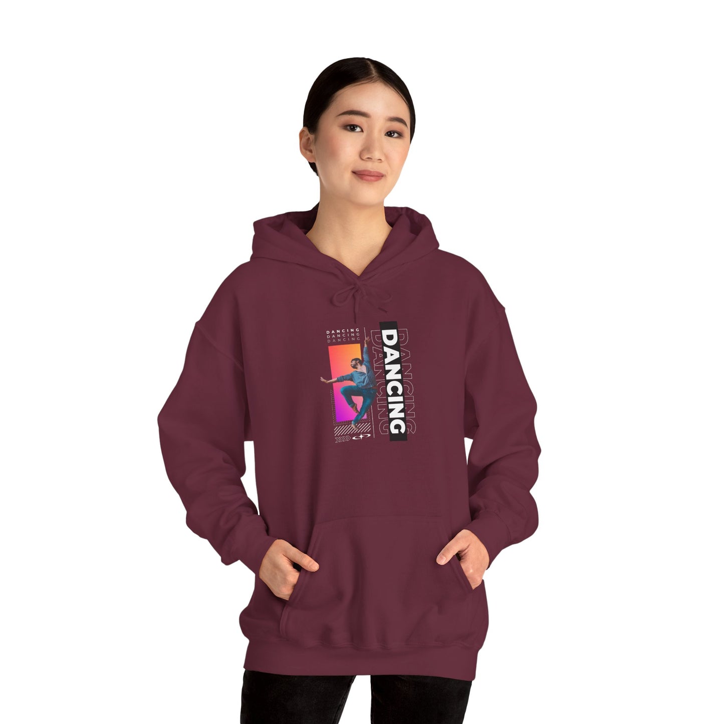 “Dancing” Text with Streetwear-Style Male Dancer Graphic – Unisex Heavy Blend™ Hooded Sweatshirt – Cozy Dance Hoodie for Performers & Dance Enthusiasts