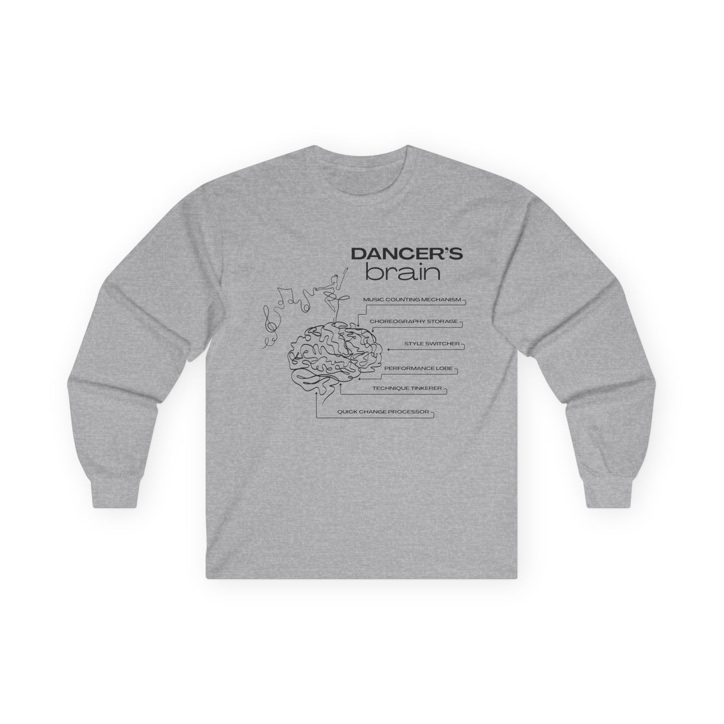 “Dancer’s Brain” Unisex Long Sleeve Tee – Funny Ballet & Dance Graphic Shirt with Labeled Brain Design + Optional Name or Studio Personalization