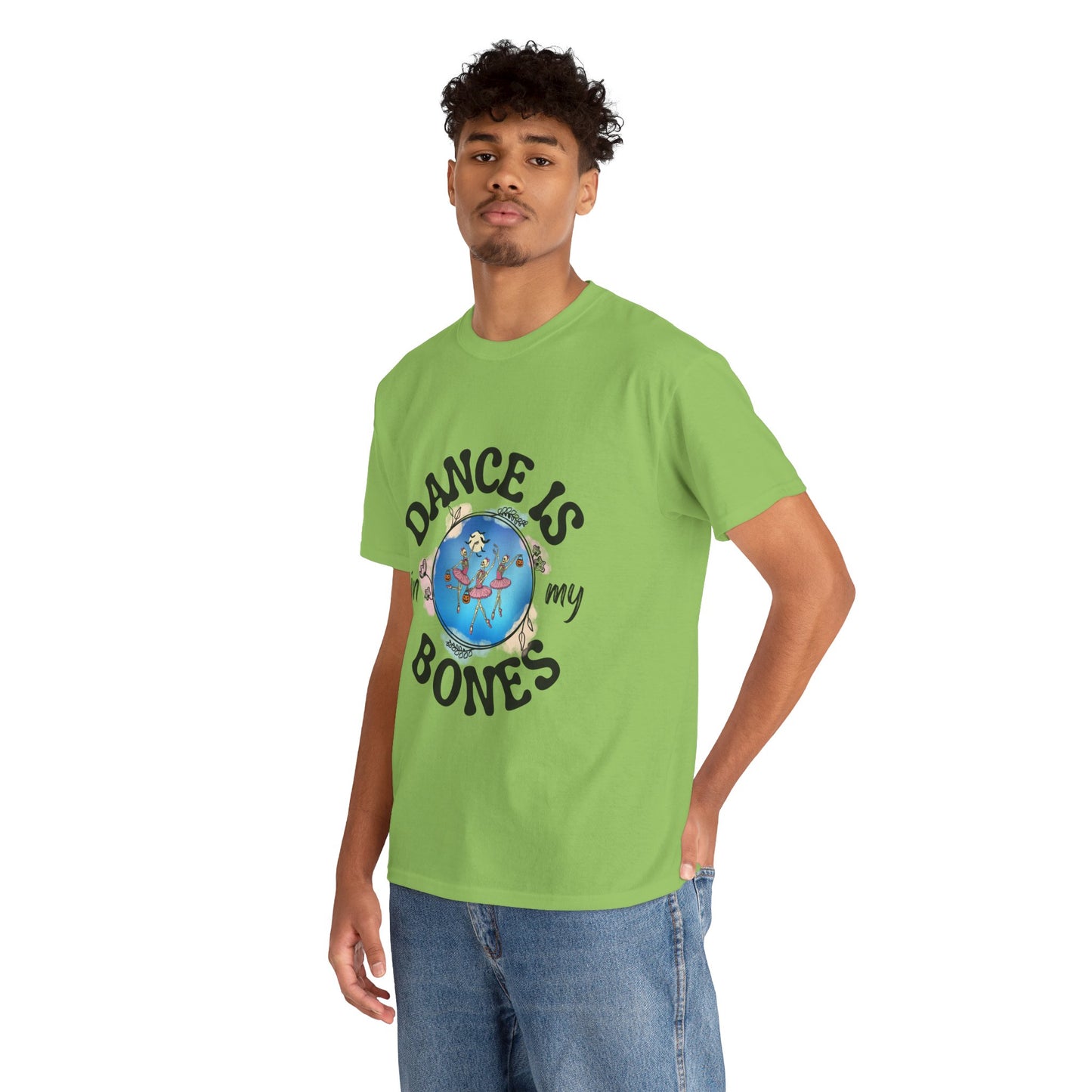 “Dance Is in My Bones” Halloween Dance T-Shirt with Dancing Skeletons Graphic - Unisex Heavy Cotton Tee