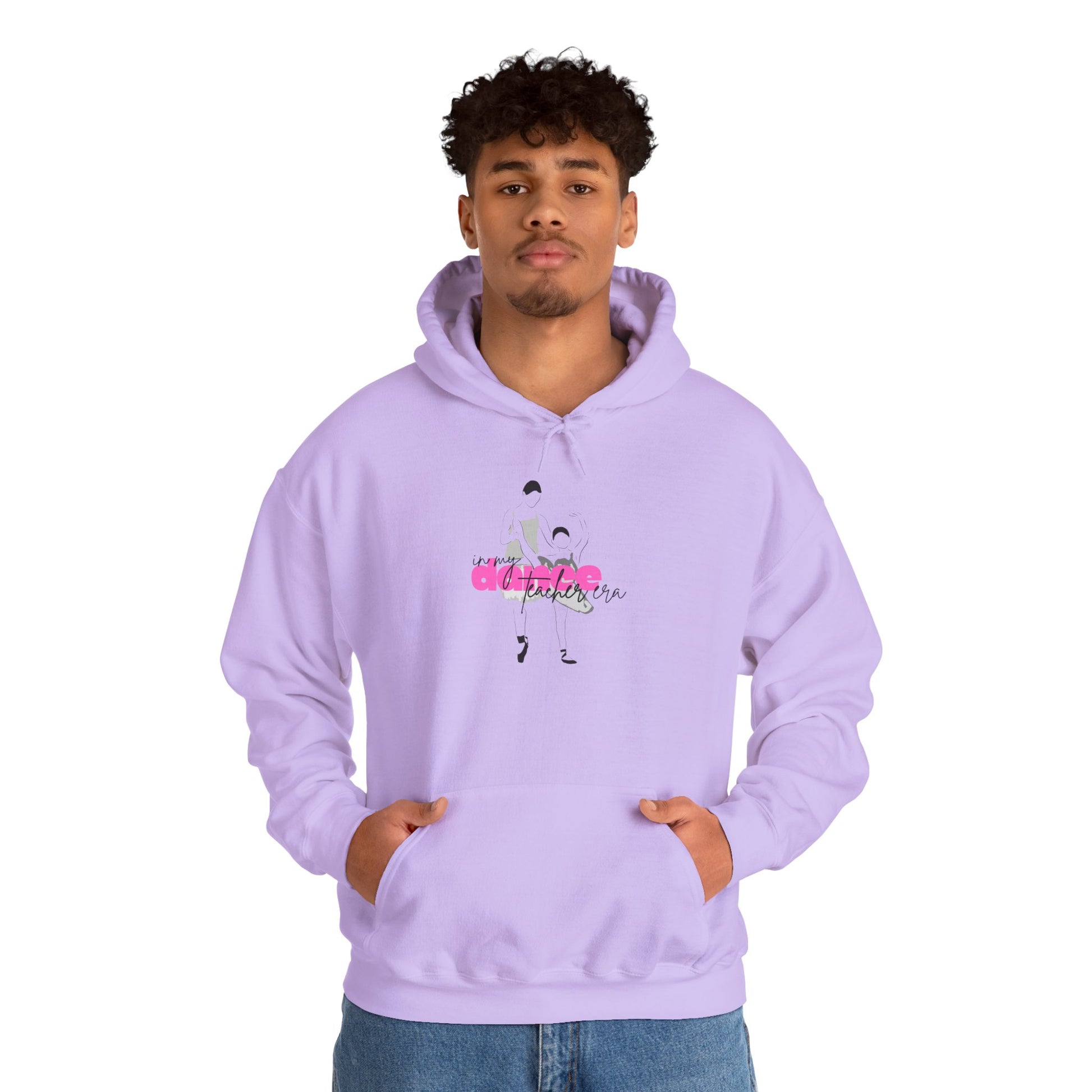 Person wearing a light purple hoodie with a graphic design on a white background
