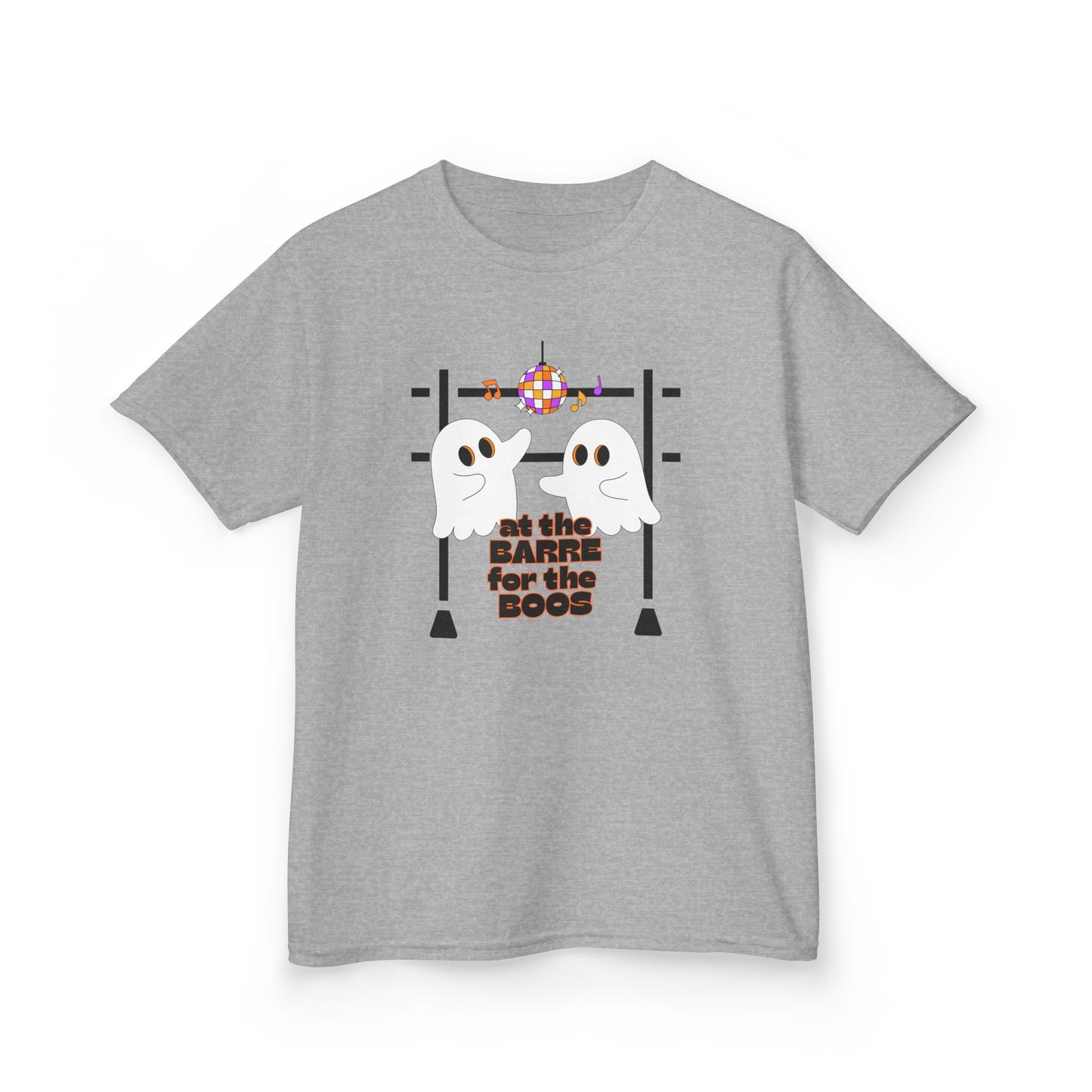 “At the Barre for the Boos” Halloween Dance T-Shirt with Cute Ghost Ballet Graphics - Kids Heavy Cotton™ Tee