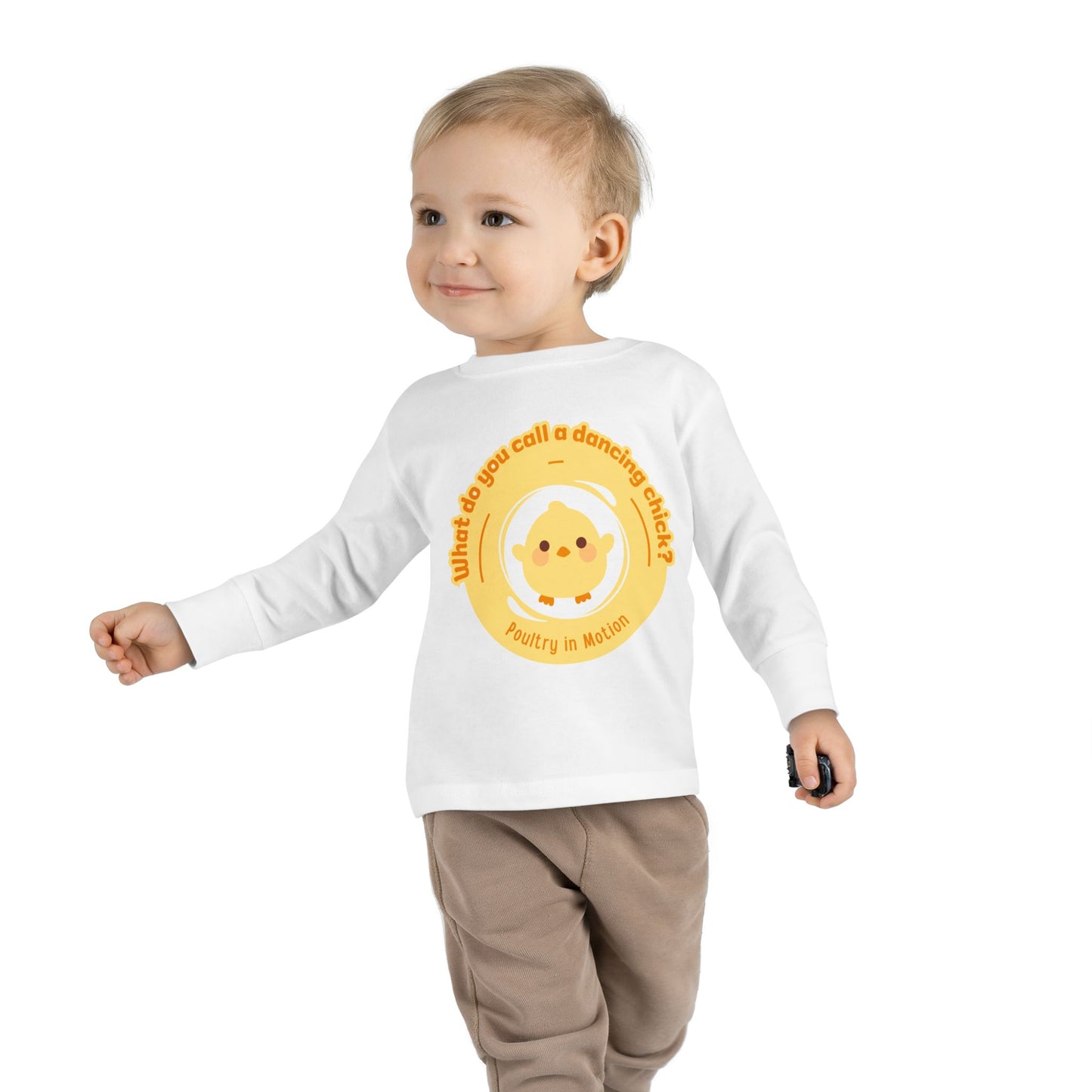 "What Do You Call a Dancing Chick? Poultry in Motion" Toddler Dance T-Shirt – Cute Chicken Graphic Long Sleeve Tee for Kids