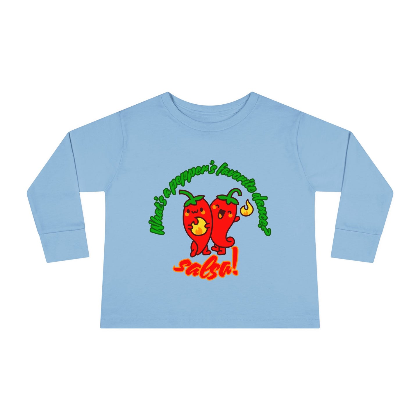 "What Is a Pepper's Favorite Dance? Salsa!" Toddler Dance T-Shirt – Cute Pepper Pun Graphic Long Sleeve Tee for Kids