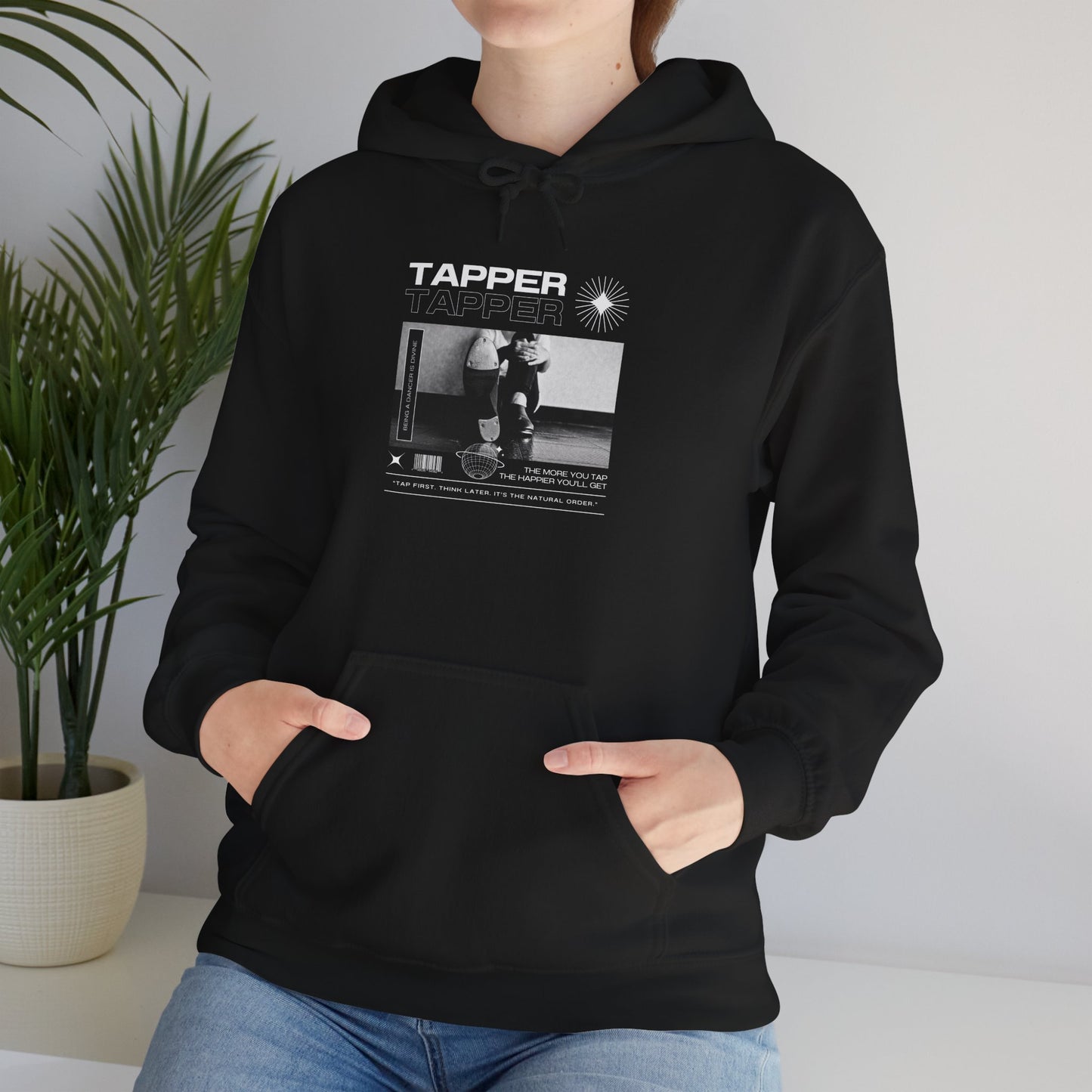 “Tapper” Tap Dance Text with Streetwear-Style Tap Shoes Graphic – Unisex Heavy Blend™ Hooded Sweatshirt – Cozy Dance Hoodie for Tap Dancers & Performing Arts Fans