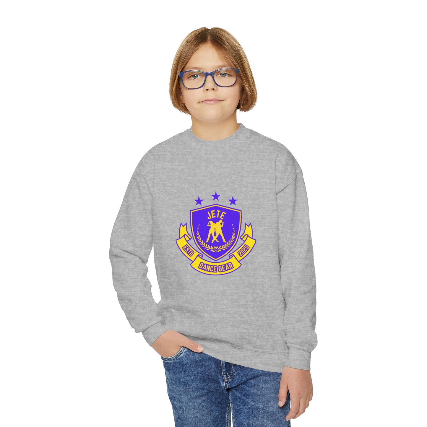 "Jeté Dance Gear" – Collegiate Style Youth Crewneck Sweatshirt | Bold Kids Dance Team Pullover