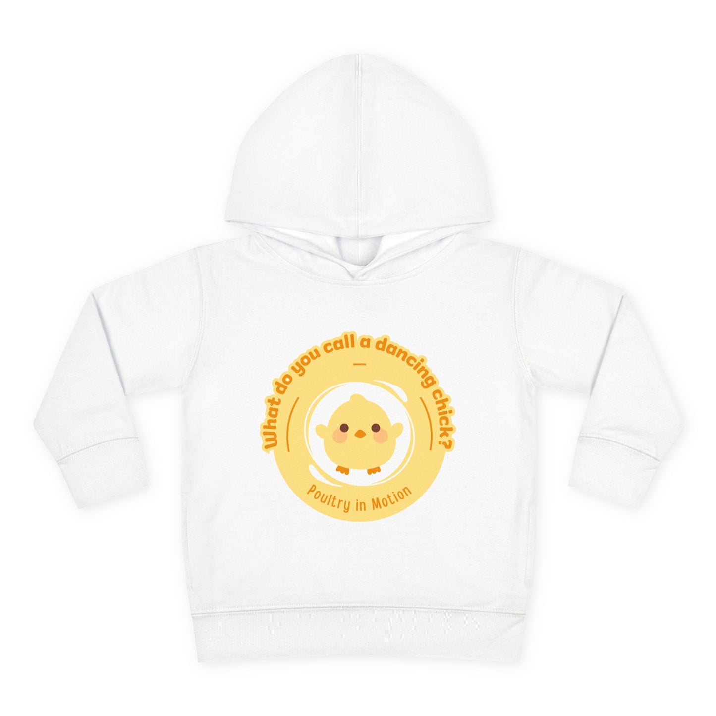 "What do you call a dancing chick? Poultry in Motion." Toddler Pullover Hoodie – Funny Dancing Chicken Pun Graphic Fleece Sweatshirt for Kids