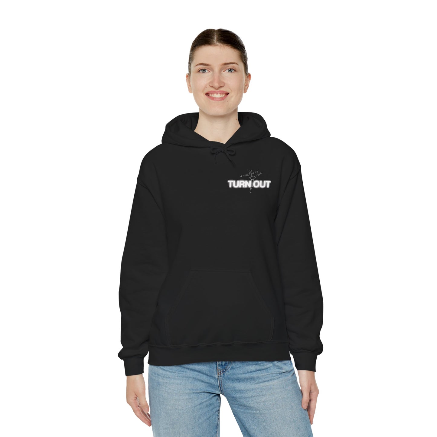 "Turn Out" Ballet Hoodie – Unisex Heavy Blend™ Hooded Sweatshirt with Front & Back Ballerina Graphics for Dancers