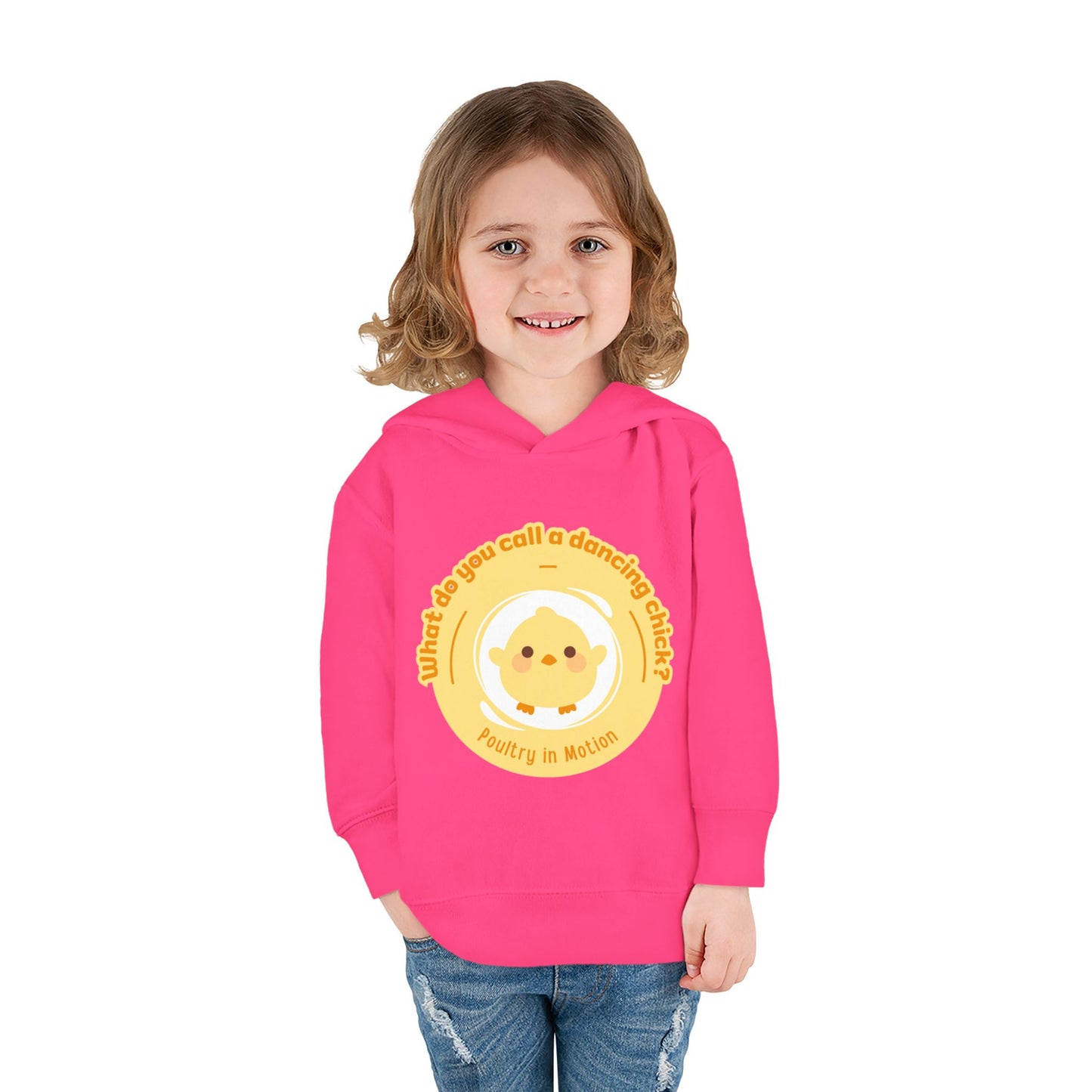 "What do you call a dancing chick? Poultry in Motion." Toddler Pullover Hoodie – Funny Dancing Chicken Pun Graphic Fleece Sweatshirt for Kids