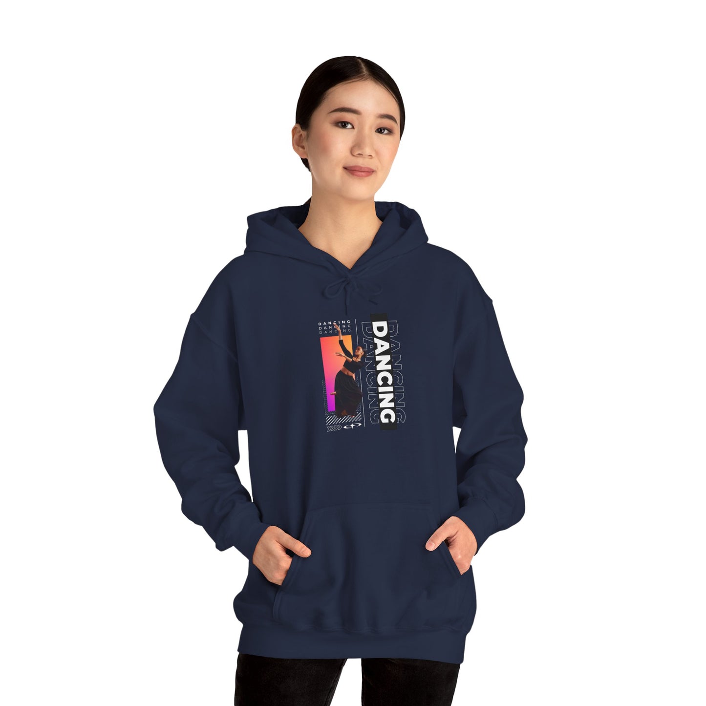 “Dancing” Text with Streetwear-Style Female Dancer Graphic - Unisex Heavy Blend™ Hooded Sweatshirt – Cozy Dance Hoodie for Ballet & Hip-Hop Enthusiasts