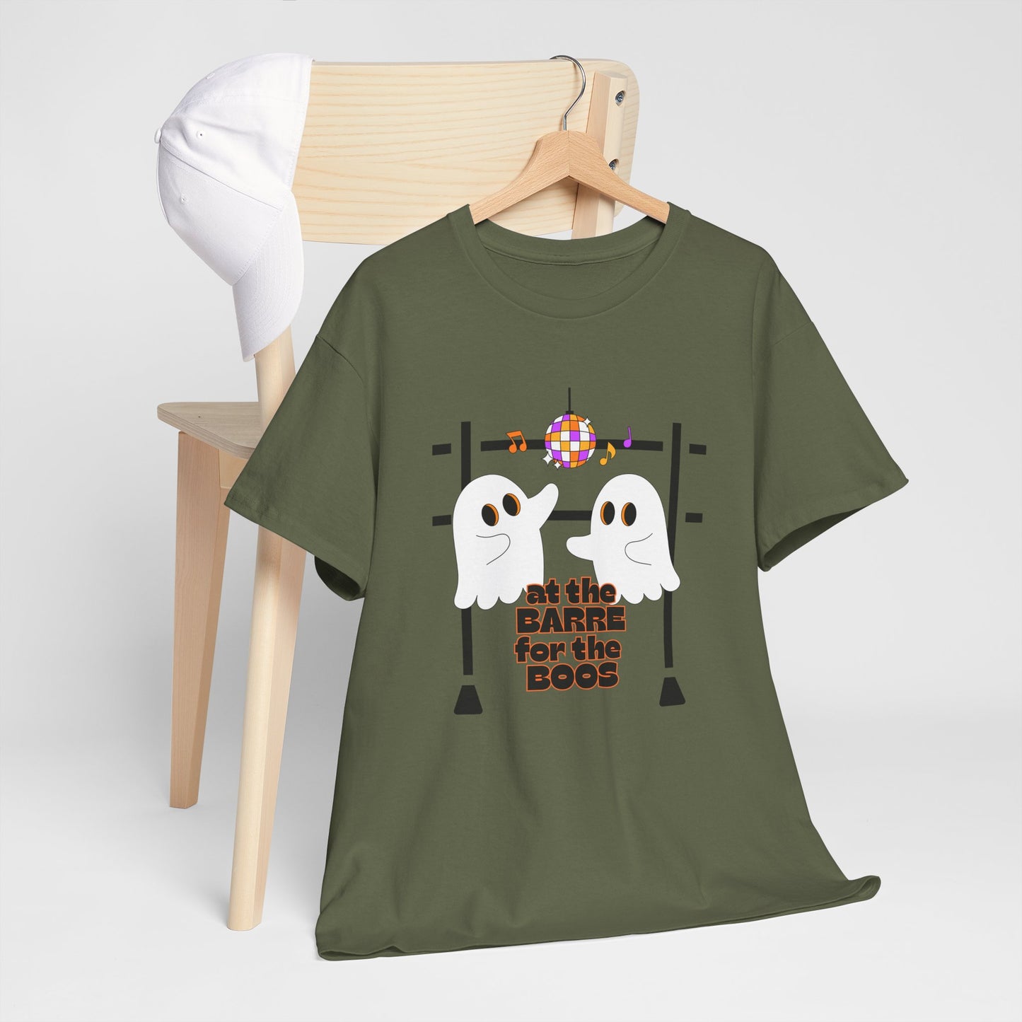 “At the Barre for the Boos” Dance Halloween T-Shirt with Cute Ghost Ballet Graphics - Unisex Heavy Cotton Tee