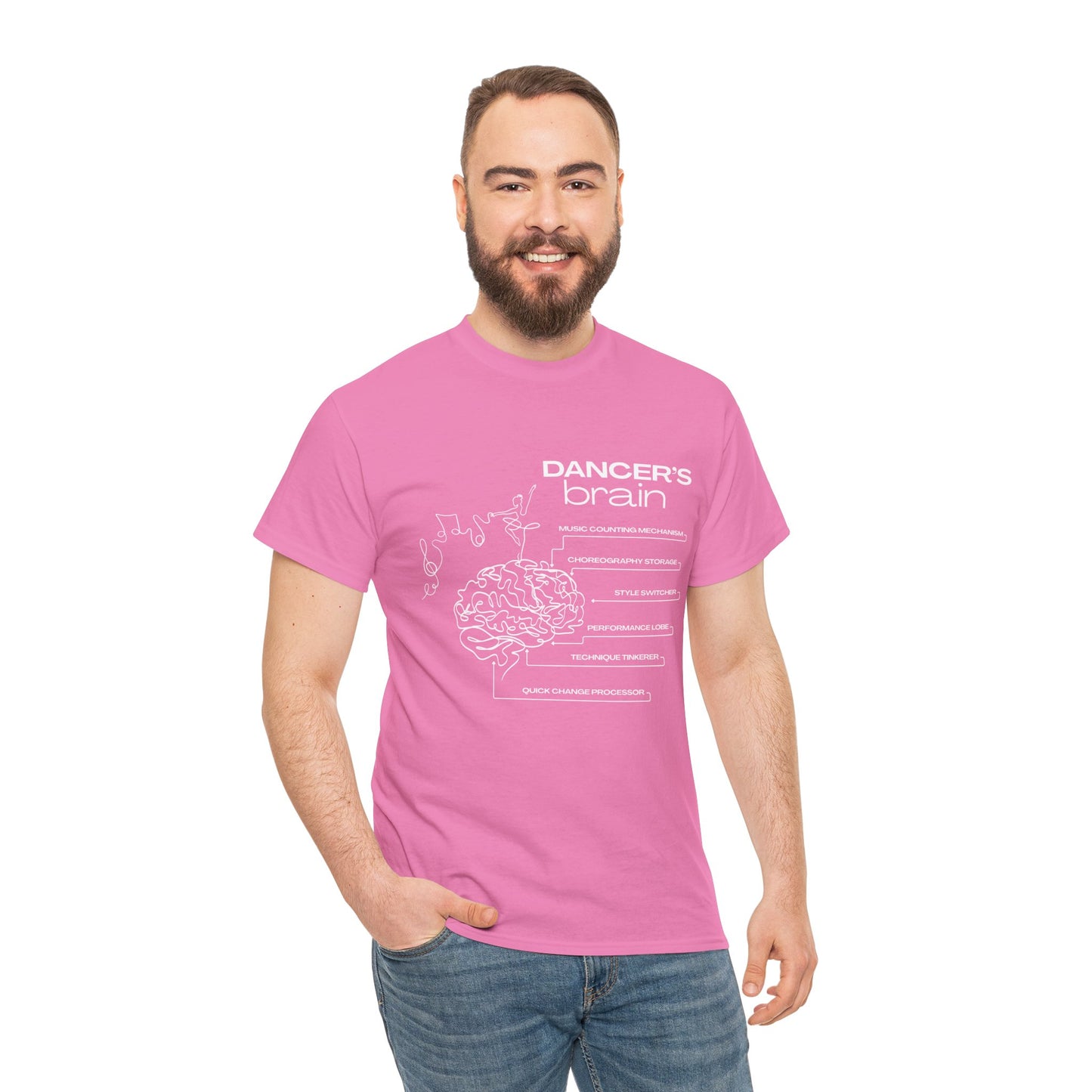 “Dancer’s Brain” Funny Dance Anatomy T-Shirt – Unisex Heavy Cotton Tee with Cute Dancer Brain Diagram and Optional Back Personalization