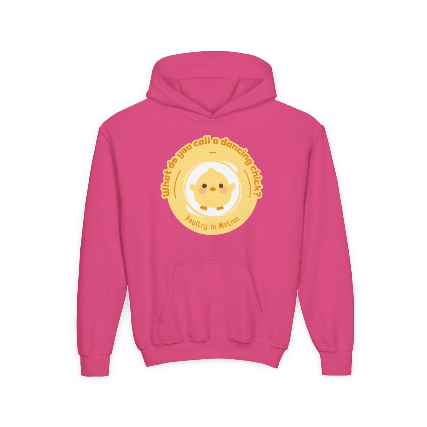 "What do you call a dancing chick? Poultry in Motion." Youth Hooded Sweatshirt – Funny Dancing Chick Pun Graphic Hoodie for Kids and Teens