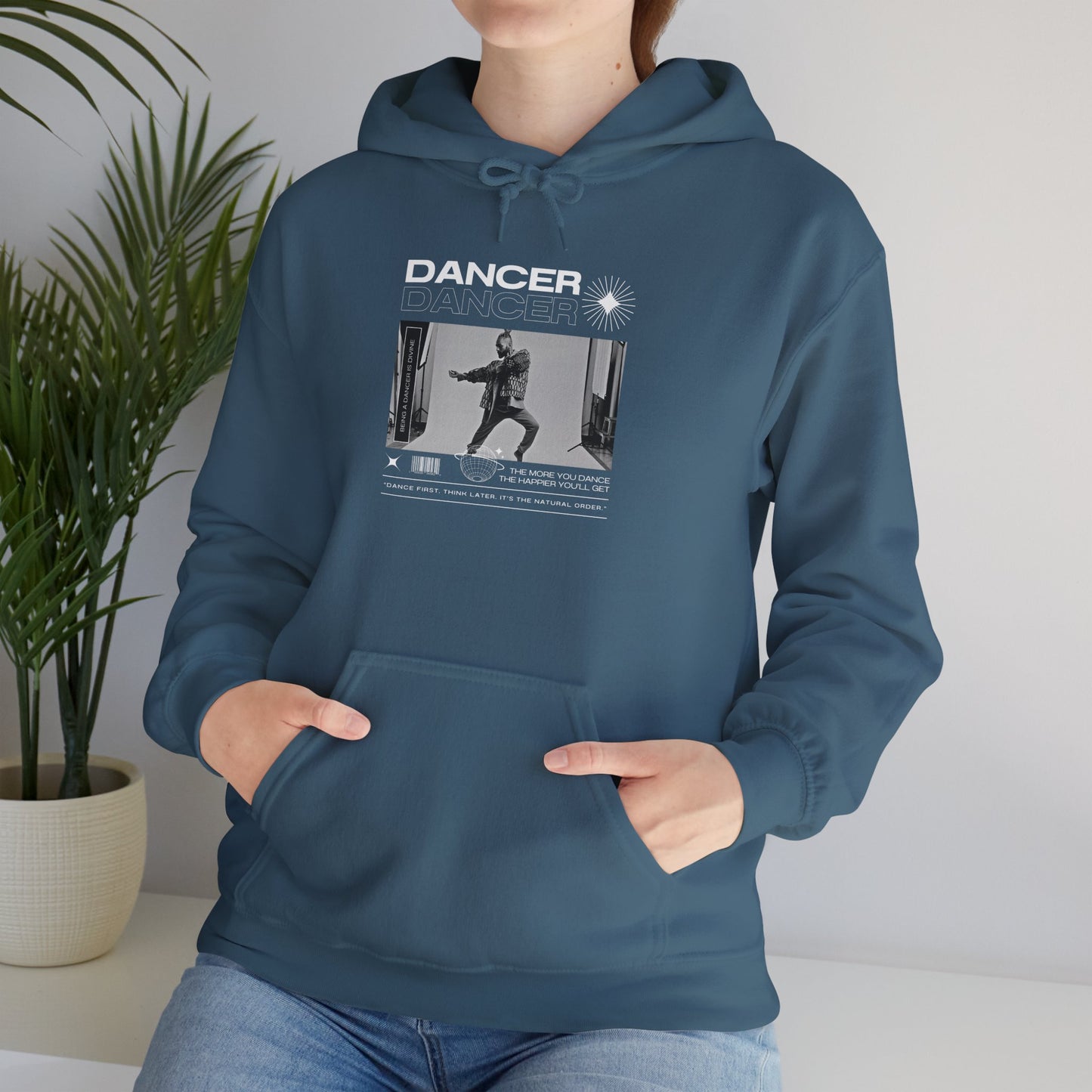 “Dancer” Text with Jazz-Inspired Streetwear-Style Pose Graphic – Unisex Heavy Blend™ Hooded Sweatshirt – Cozy Dance Hoodie for Jazz Dancers & Performing Arts Lovers "