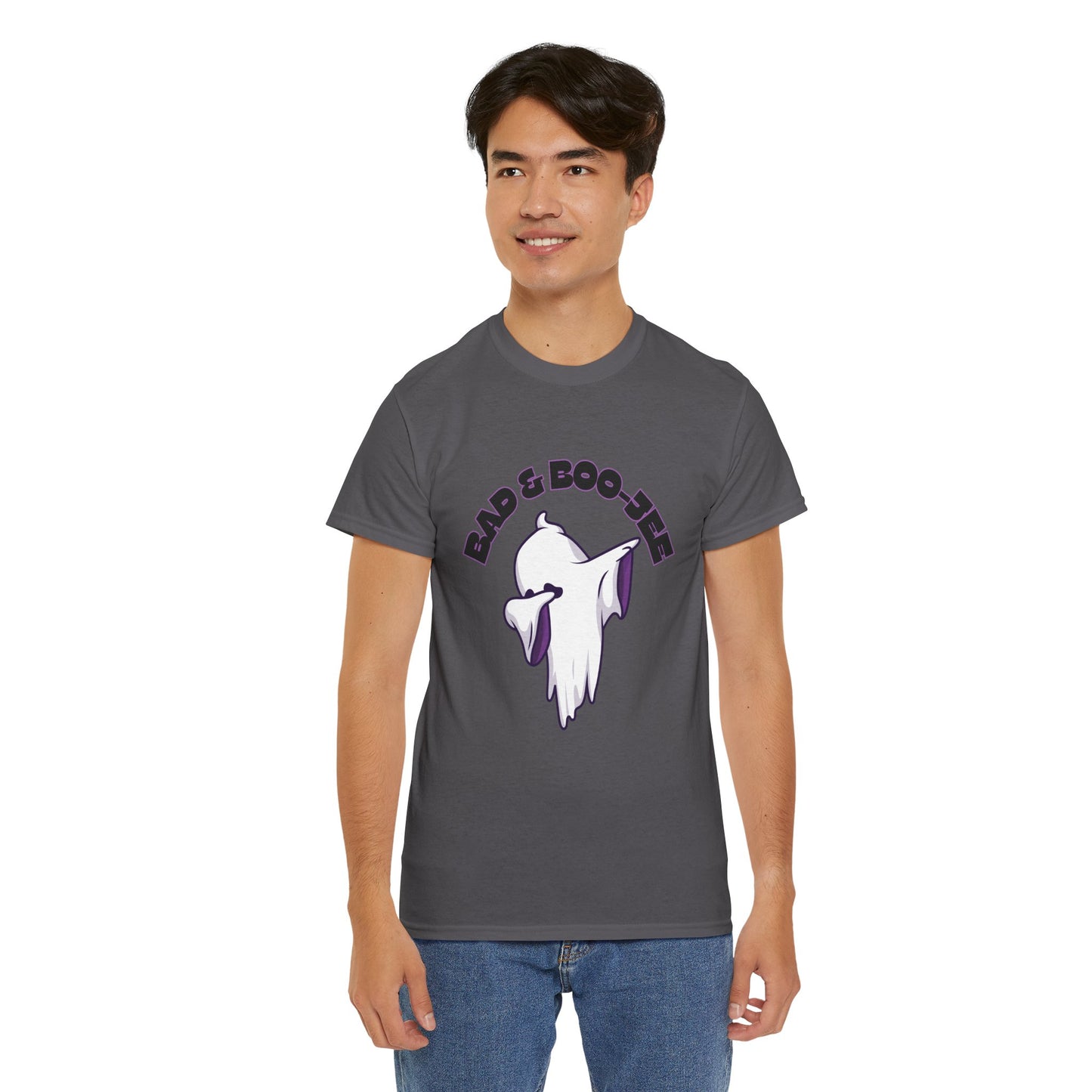 “Bad & Boo-jee” Funny Halloween Dance T-Shirt with Cute Ghost Dab Graphic - Unisex Heavy Cotton Tee