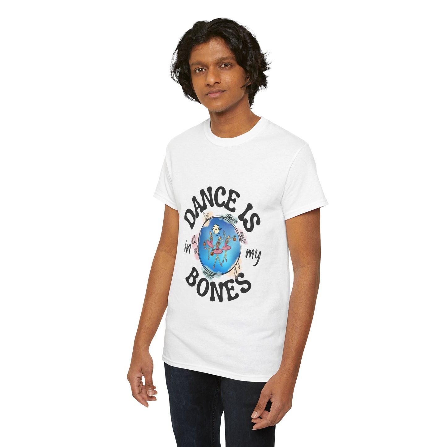 “Dance Is in My Bones” Halloween Dance T-Shirt with Dancing Skeletons Graphic - Unisex Heavy Cotton Tee