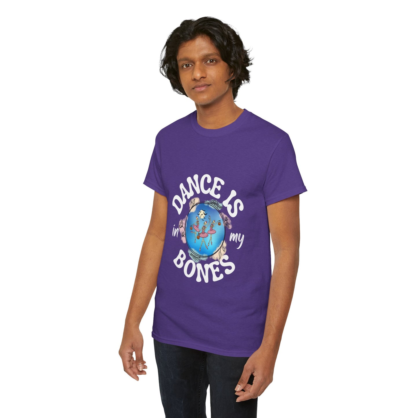 “Dance Is in My Bones” Halloween Dance T-Shirt with Dancing Skeletons Graphic - Unisex Heavy Cotton Tee