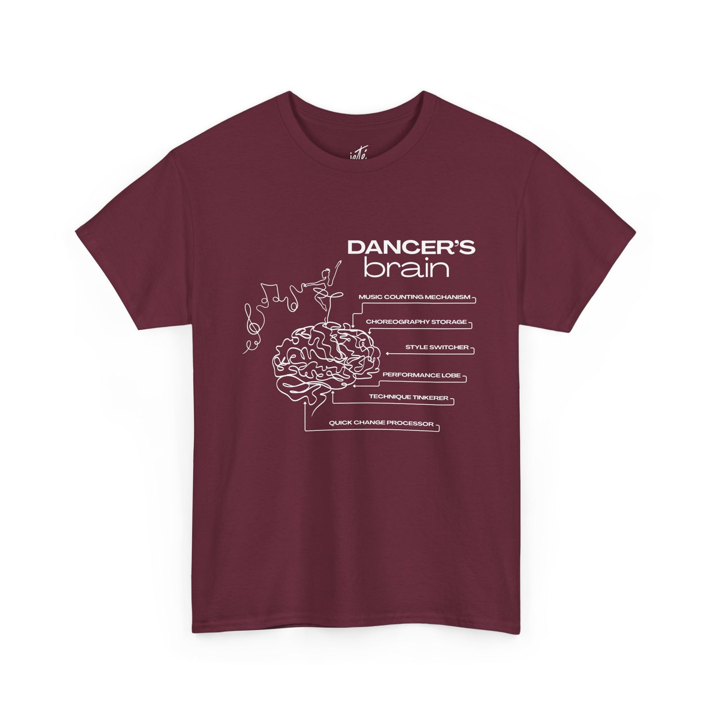 “Dancer’s Brain” Funny Dance Anatomy T-Shirt – Unisex Heavy Cotton Tee with Cute Dancer Brain Diagram and Optional Back Personalization