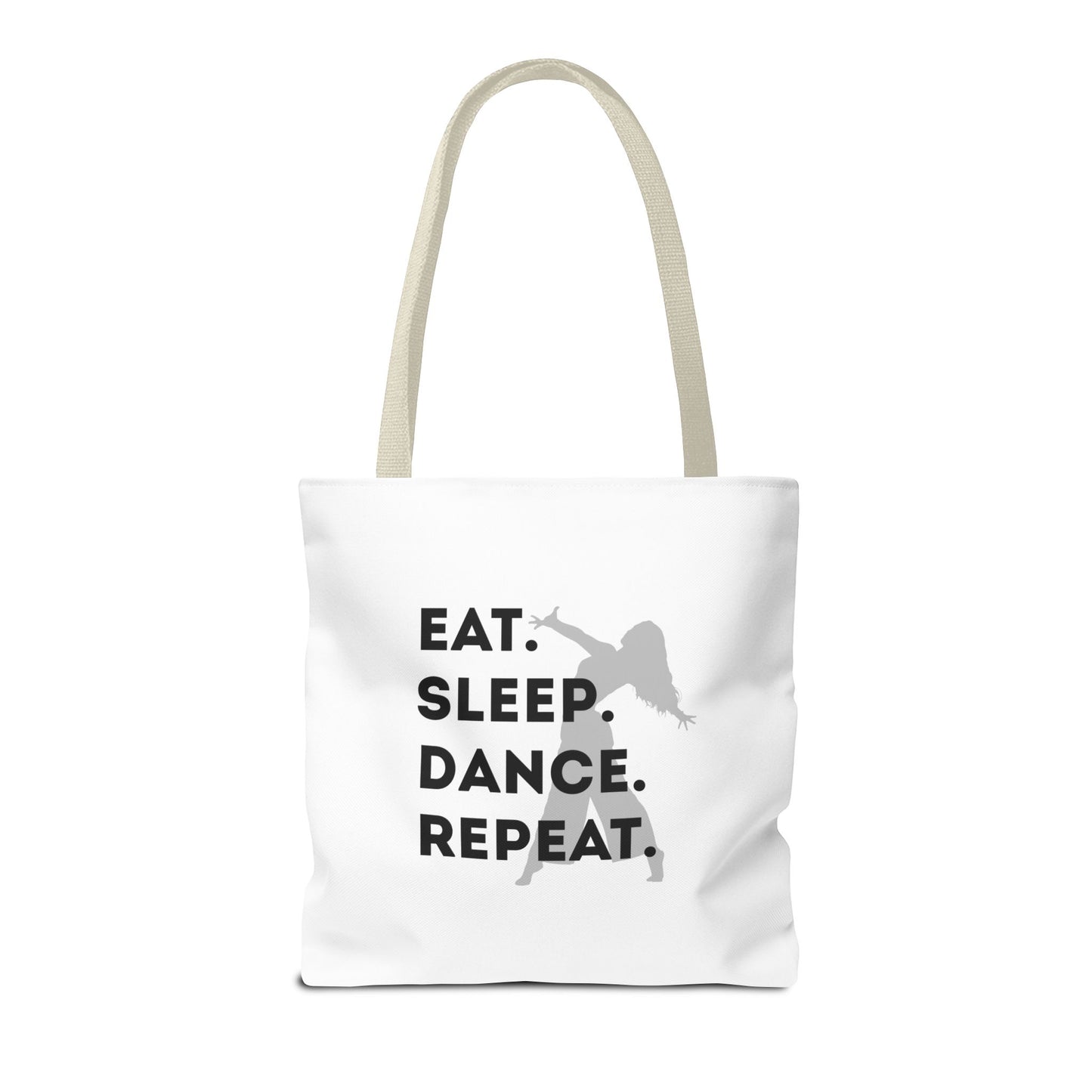 "Eat Sleep Dance Repeat" Canvas Tote Bag – Gray Dancer Silhouette Dance-Themed Reusable Shoulder Bag for Dancers, Studio, or Everyday Use