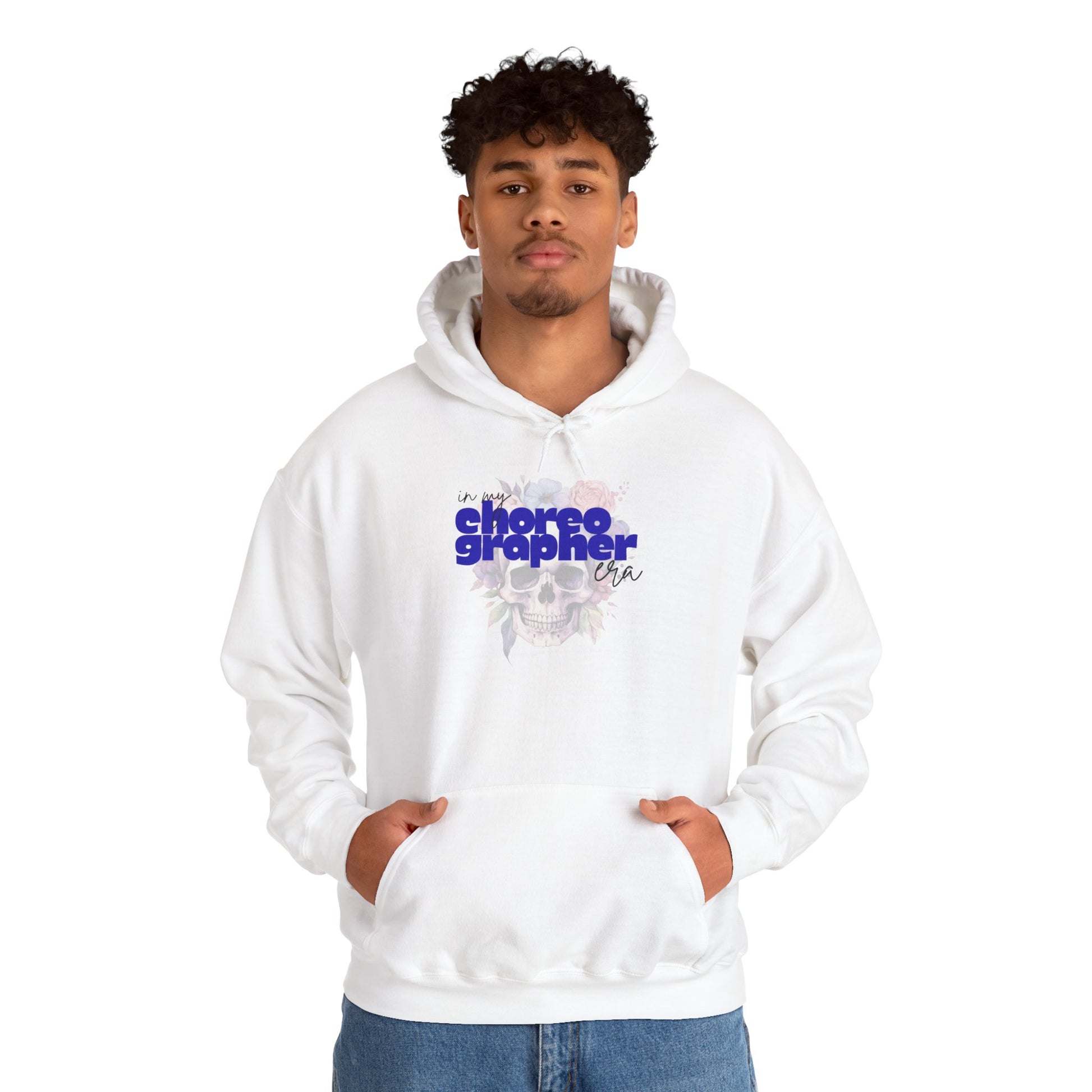 Person wearing a white hoodie with text and graphics on a white background