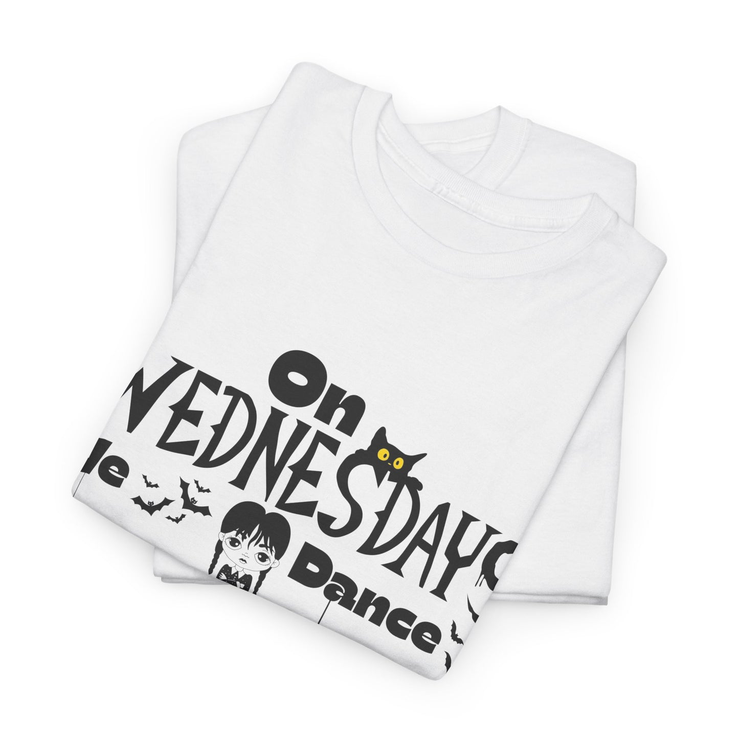 “On Wednesdays We Dance” Gothic Halloween T-Shirt with Cute Girl, Black Cat, Spiders & Bats - Unisex Heavy Cotton Tee