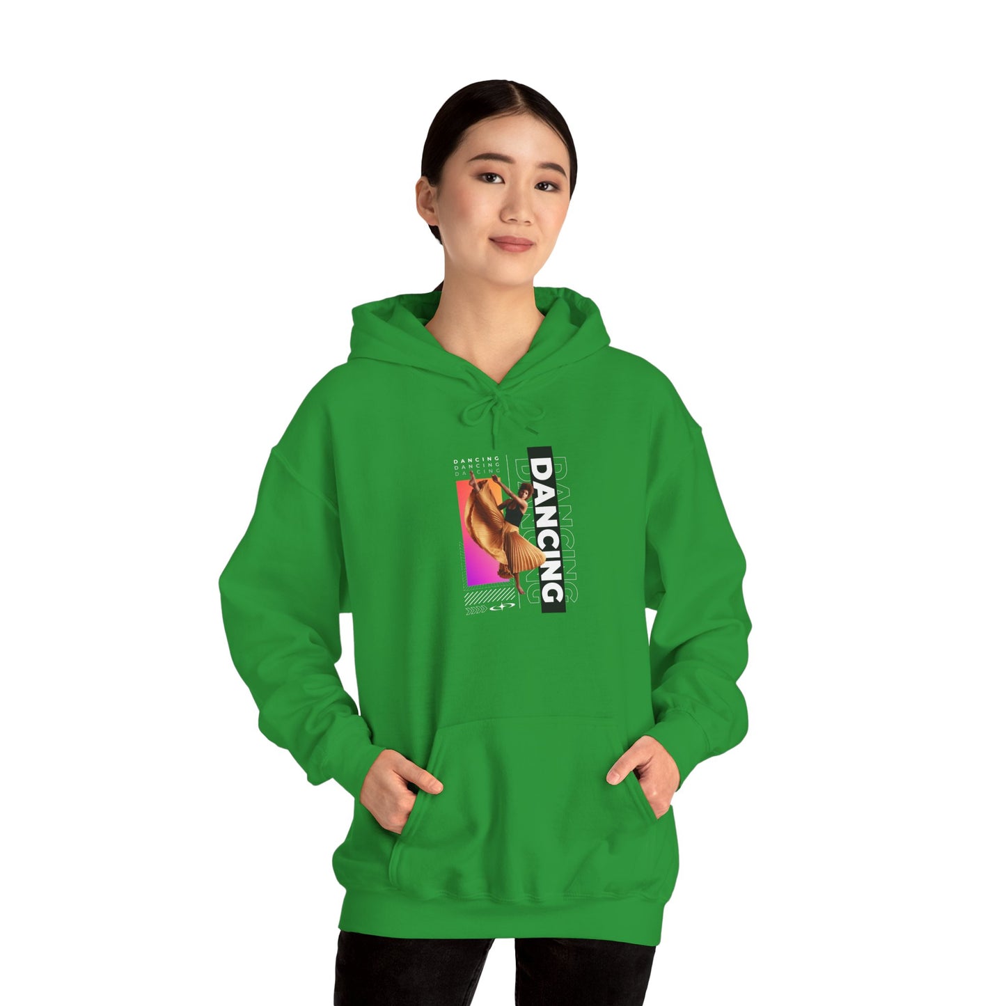 "Dancing” Text with Streetwear-Style Female Dancer Graphic - Unisex Heavy Blend™ Hooded Sweatshirt – Cozy Dance Hoodie for Ballet & Hip-Hop Enthusiasts