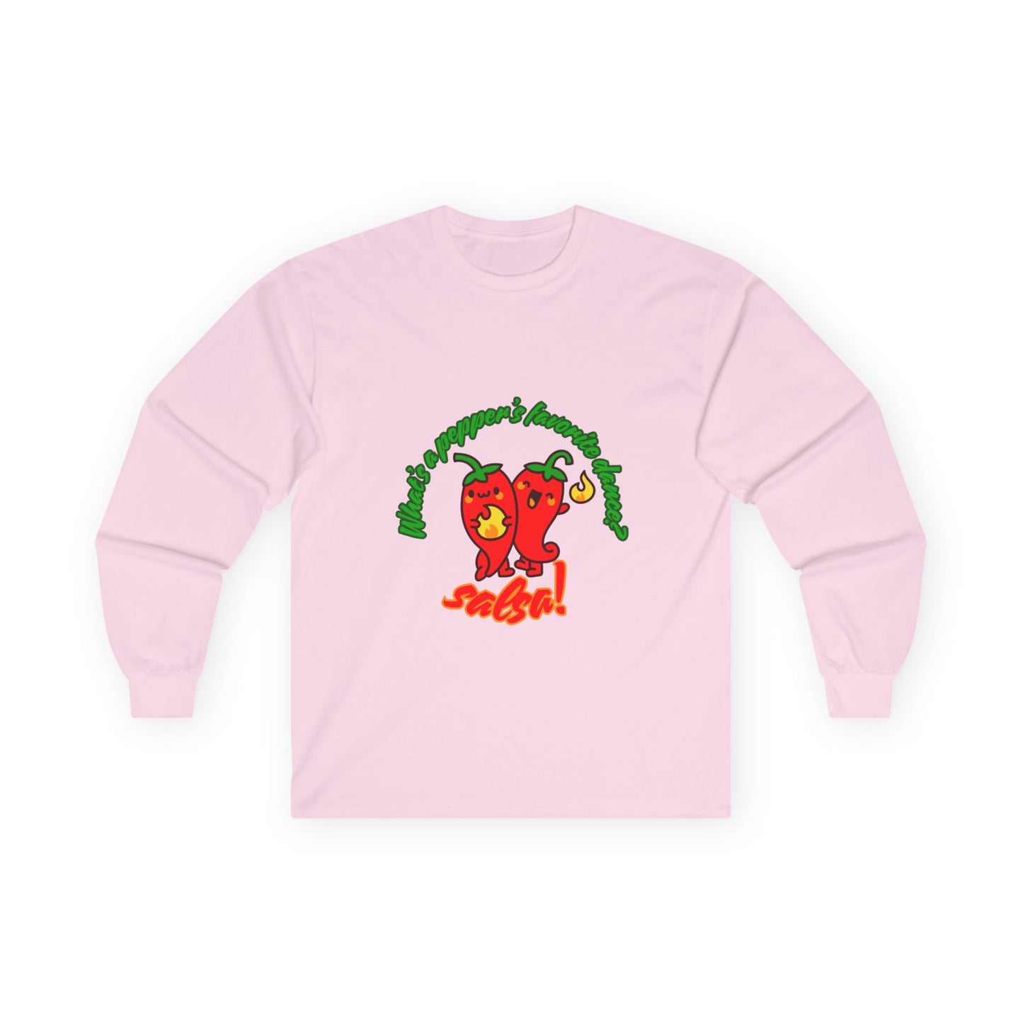 "What’s a Pepper’s Favorite Dance? Salsa!" Unisex Long Sleeve Tee – Funny Dance Pun Shirt with Cute Pepper Graphic for Dancers & Food Lovers
