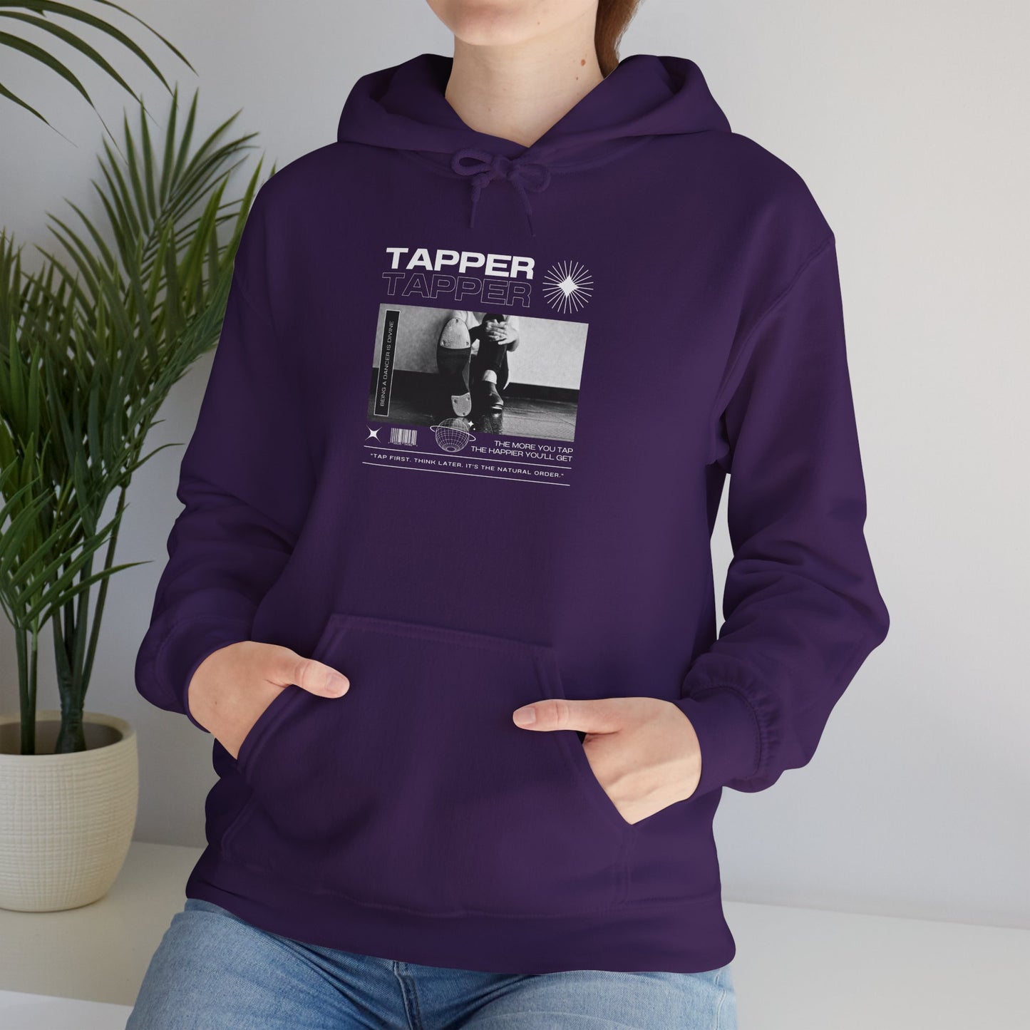 “Tapper” Tap Dance Text with Streetwear-Style Tap Shoes Graphic – Unisex Heavy Blend™ Hooded Sweatshirt – Cozy Dance Hoodie for Tap Dancers & Performing Arts Fans