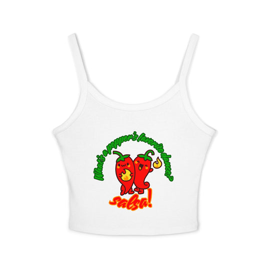 "What’s a Pepper’s Favorite Dance? Salsa!" Women’s Spaghetti Strap Tank Top – Cute Pepper Graphic | Funny Dance Pun Shirt for Dancers & Food Lovers