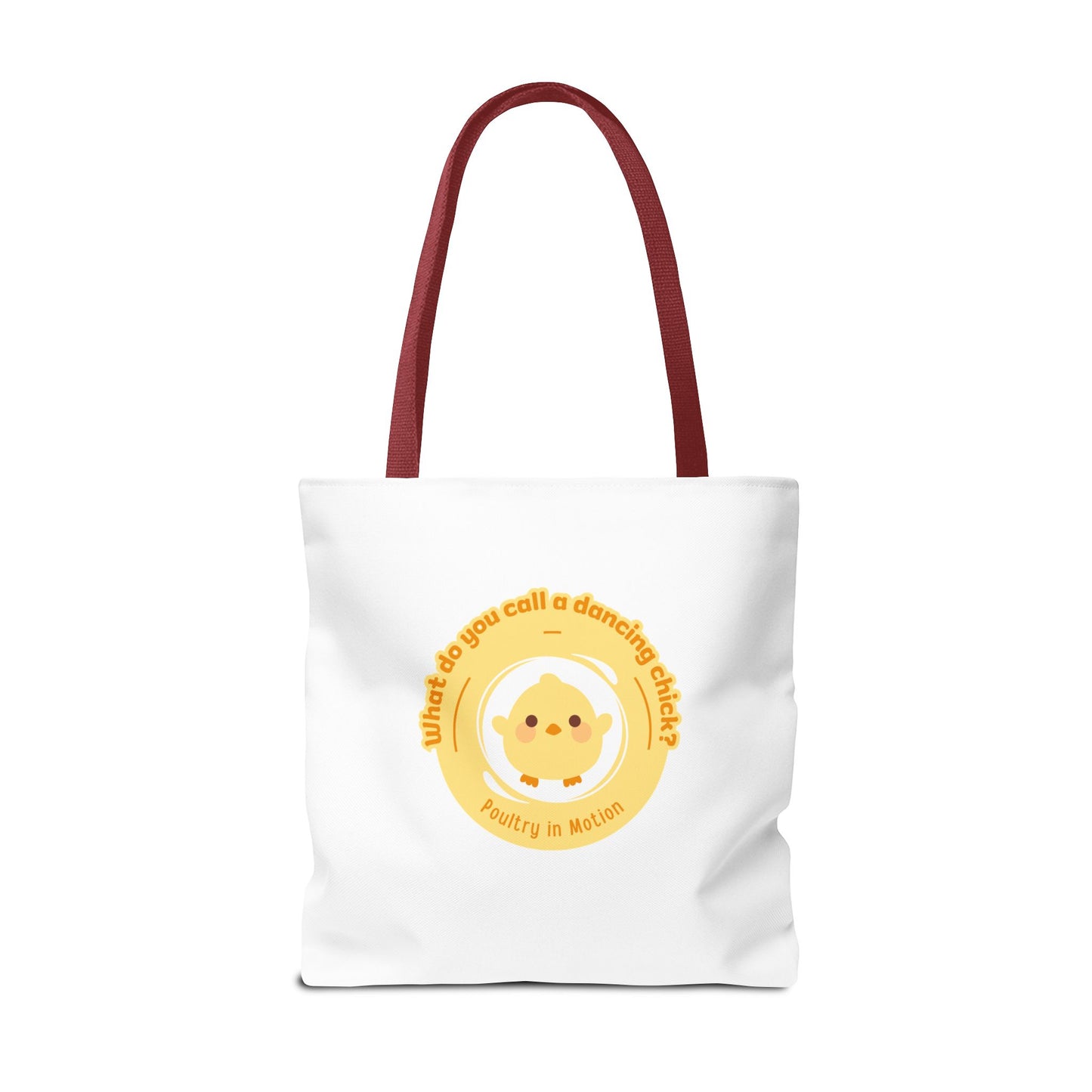 "What do you call a dancing chick? Poultry in Motion" Funny Dance Tote Bag – Kawaii Chicken Canvas Tote for Dancers & Dance Lovers