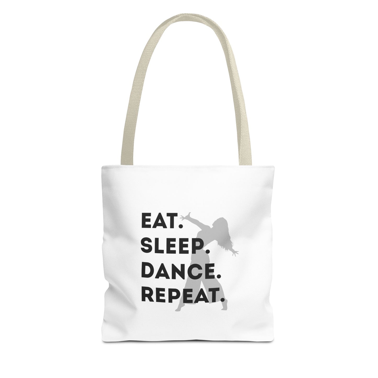 "Eat Sleep Dance Repeat" Canvas Tote Bag – Gray Dancer Silhouette Dance-Themed Reusable Shoulder Bag for Dancers, Studio, or Everyday Use