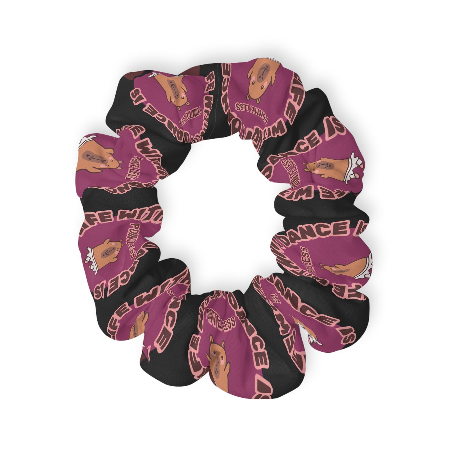 “Life Without Dance Is Pointeless” Scrunchie – Funny Ballet Pun Hair Accessory with Cute Dancing Capybara Graphic