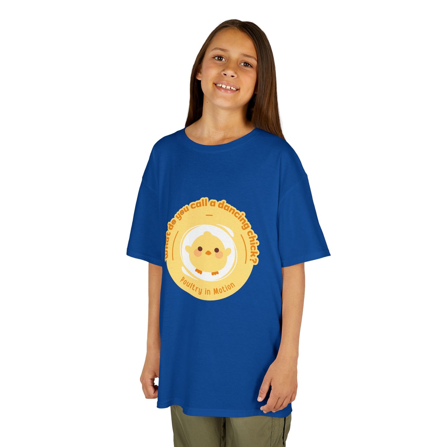 “What do you call a dancing chick? Poultry in Motion” Funny Chick Dance Tee for Kids – Cute Chicken Graphic - Youth Dance Pun T-Shirt