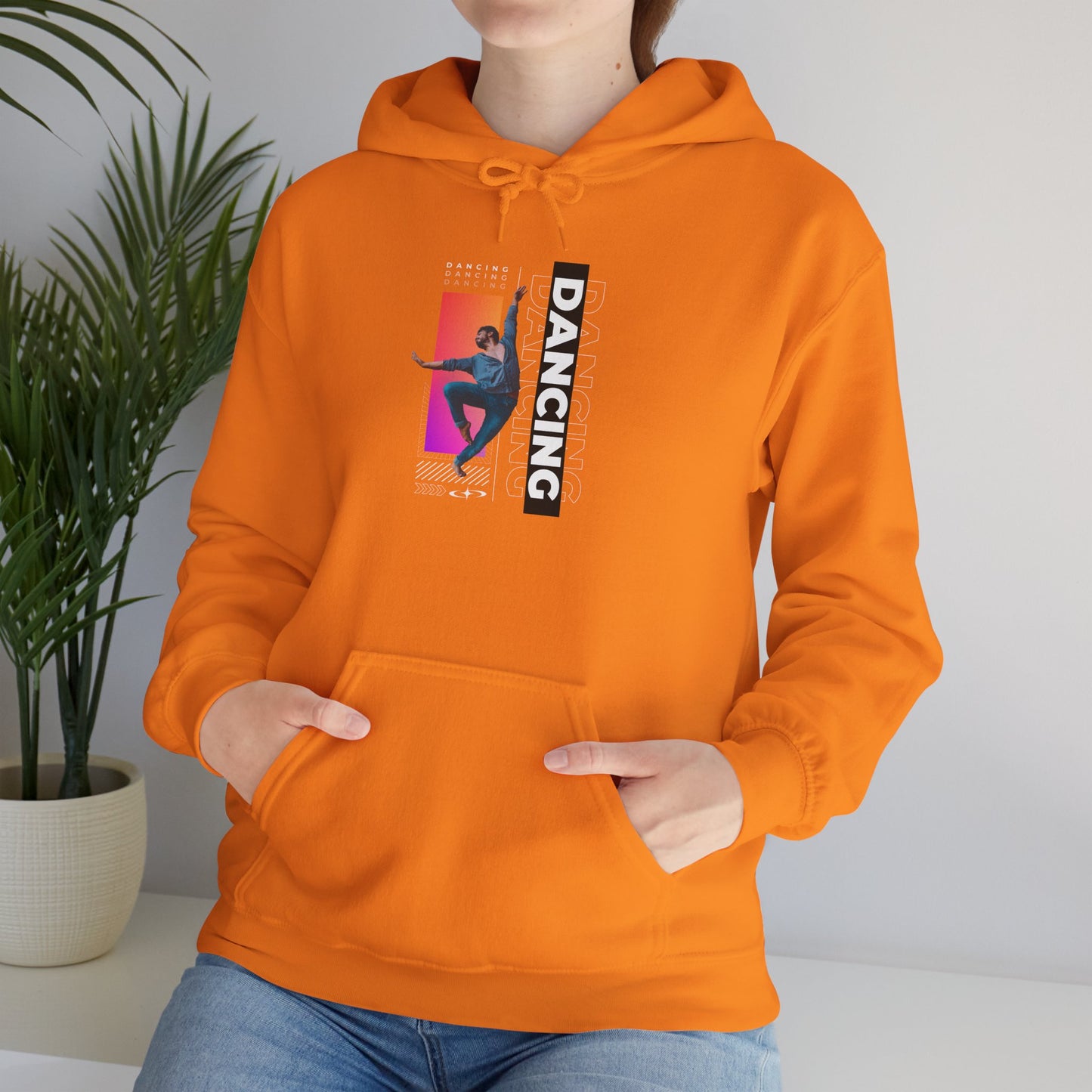 “Dancing” Text with Streetwear-Style Male Dancer Graphic – Unisex Heavy Blend™ Hooded Sweatshirt – Cozy Dance Hoodie for Performers & Dance Enthusiasts