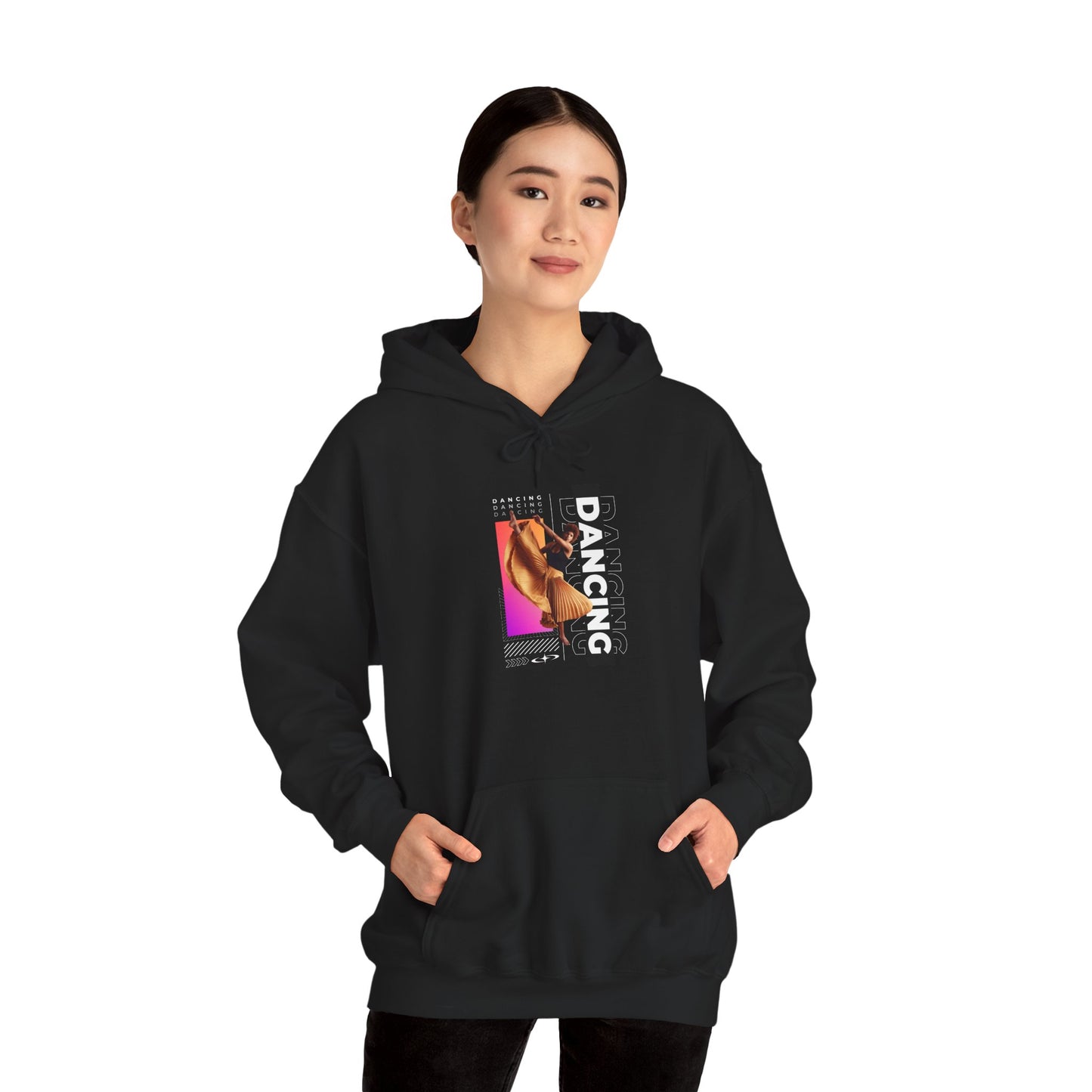 "Dancing” Text with Streetwear-Style Female Dancer Graphic - Unisex Heavy Blend™ Hooded Sweatshirt – Cozy Dance Hoodie for Ballet & Hip-Hop Enthusiasts
