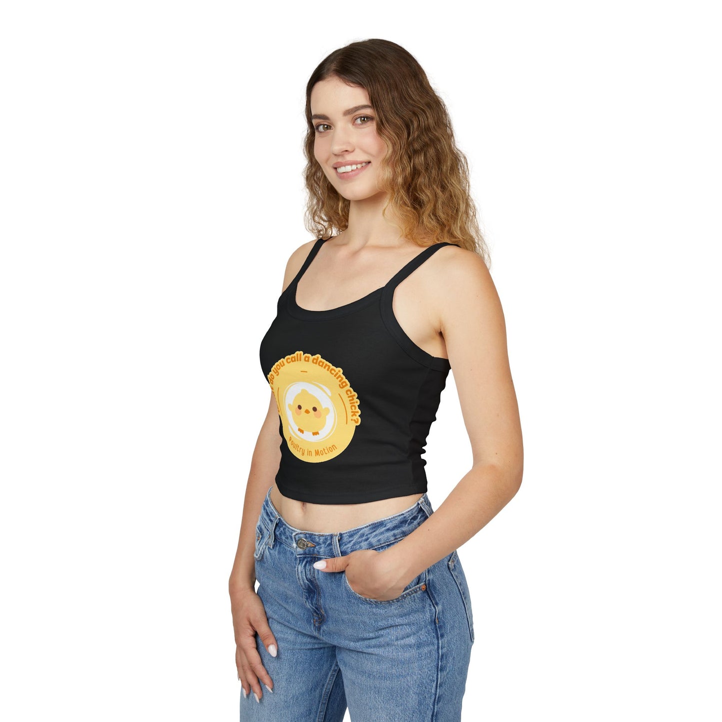 "What Do You Call a Dancing Chick? Poultry in Motion" Women’s Spaghetti Strap Tank Top – Cute Chicken Graphic | Funny Dance Pun Apparel for Dancers & Animal Lovers