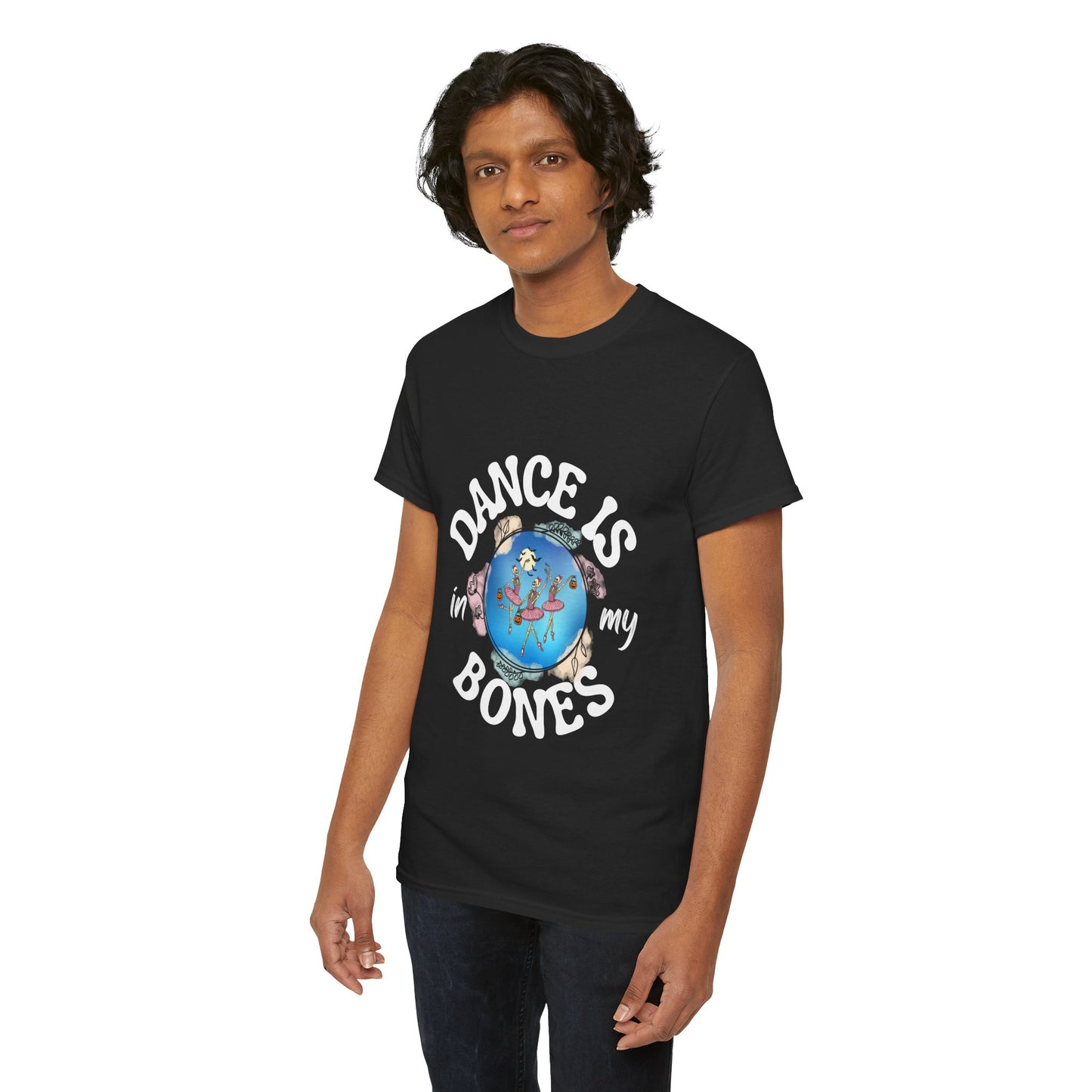 “Dance Is in My Bones” Halloween Dance T-Shirt with Dancing Skeletons Graphic - Unisex Heavy Cotton Tee