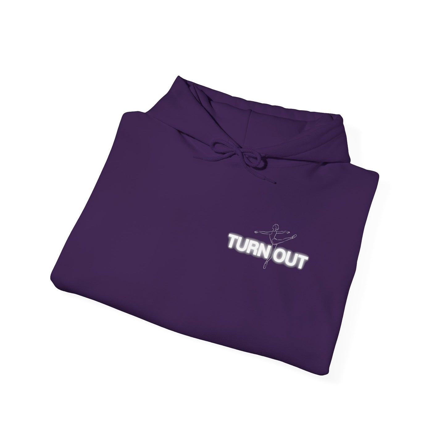 Folded purple hoodie with 'TURN OUT' text on a white background