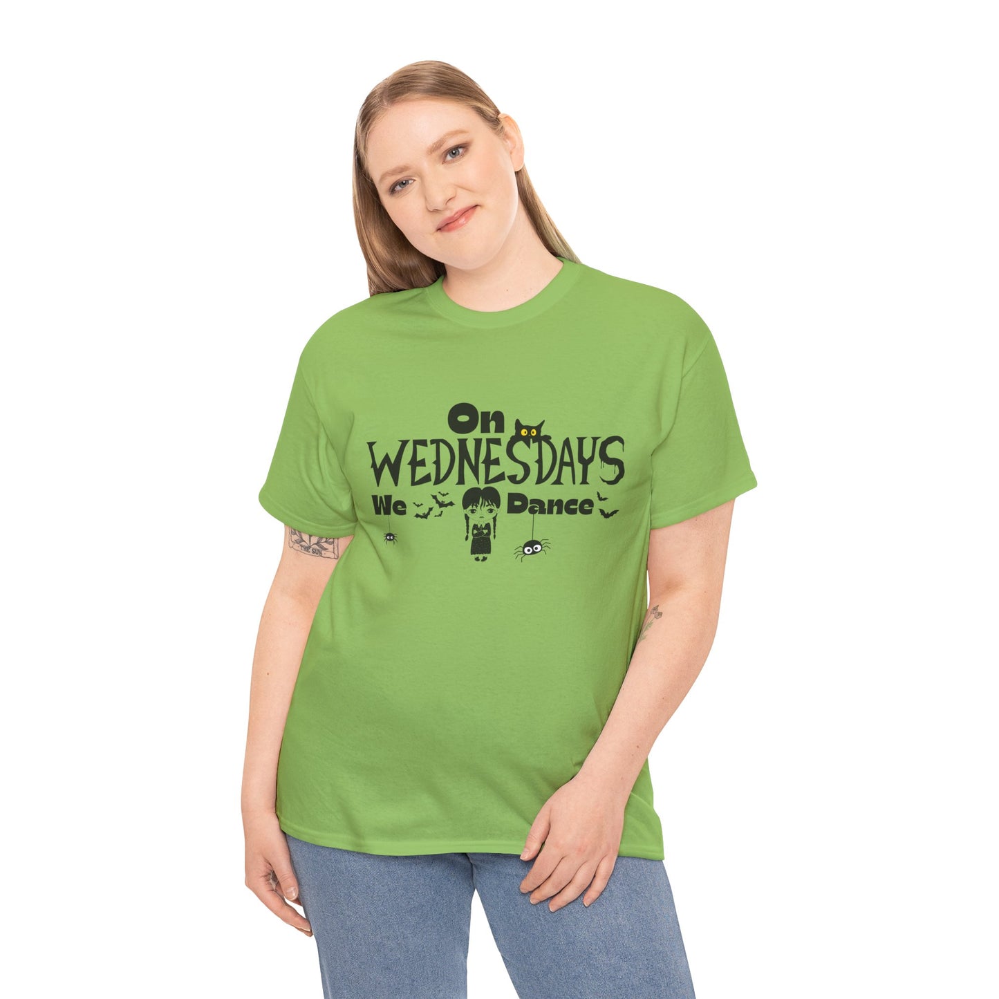 “On Wednesdays We Dance” Gothic Halloween T-Shirt with Cute Girl, Black Cat, Spiders & Bats - Unisex Heavy Cotton Tee