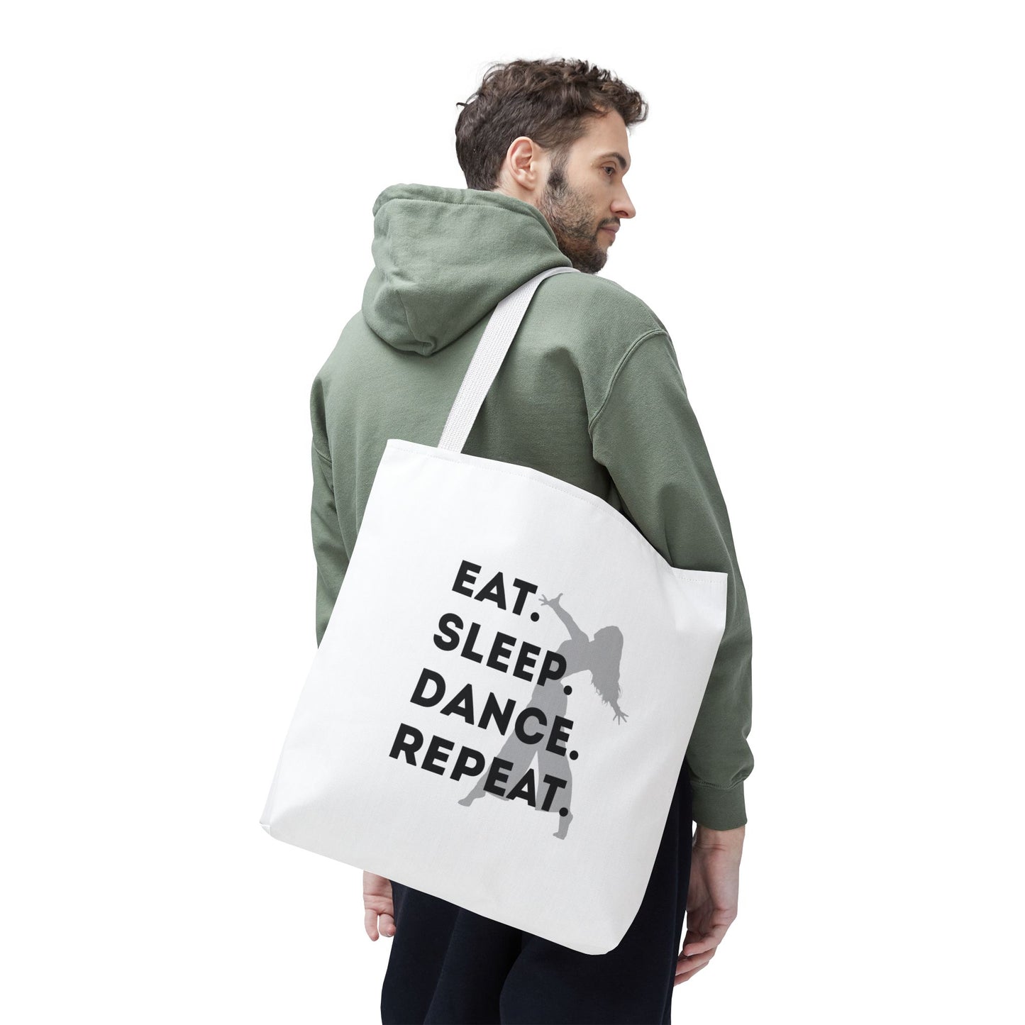 "Eat Sleep Dance Repeat" Canvas Tote Bag – Gray Dancer Silhouette Dance-Themed Reusable Shoulder Bag for Dancers, Studio, or Everyday Use