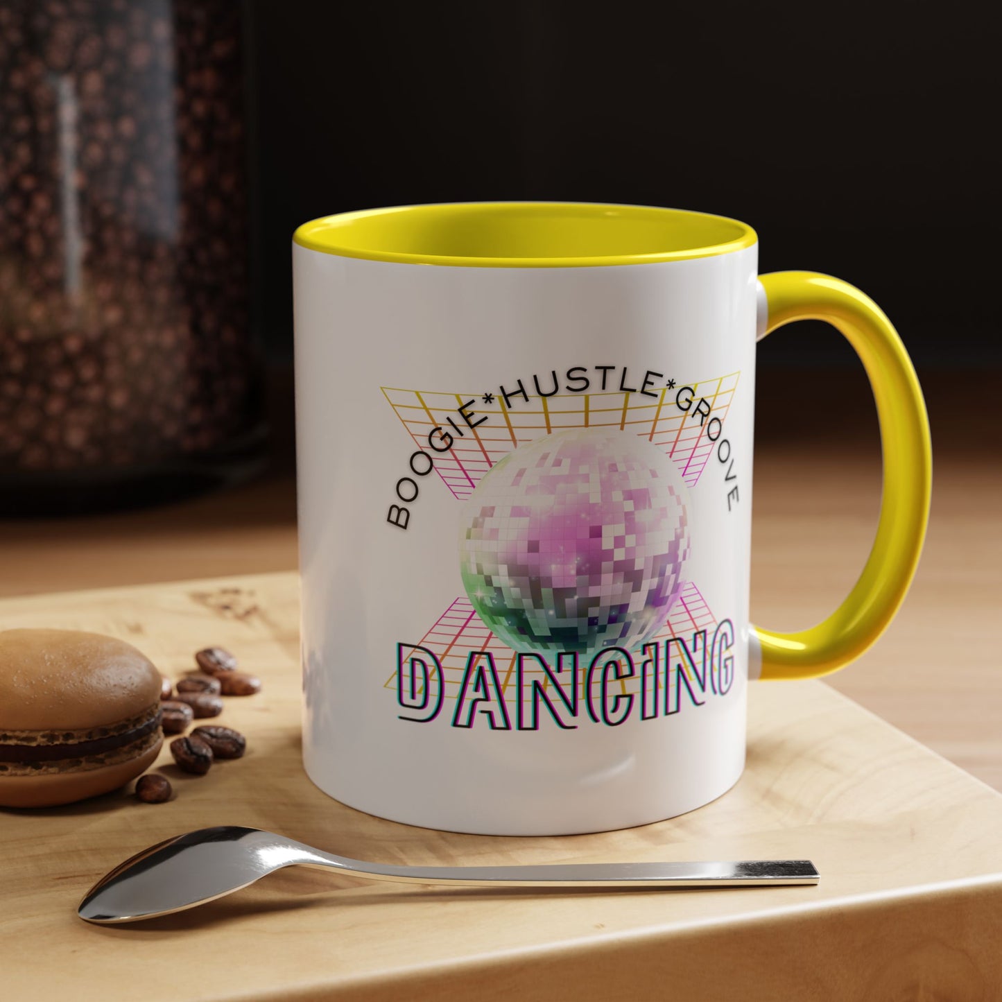 "Boogie, Hustle, Groove - Dancing" Disco Accent Coffee Mug – Fun Retro Dance Gift for Coffee Lovers