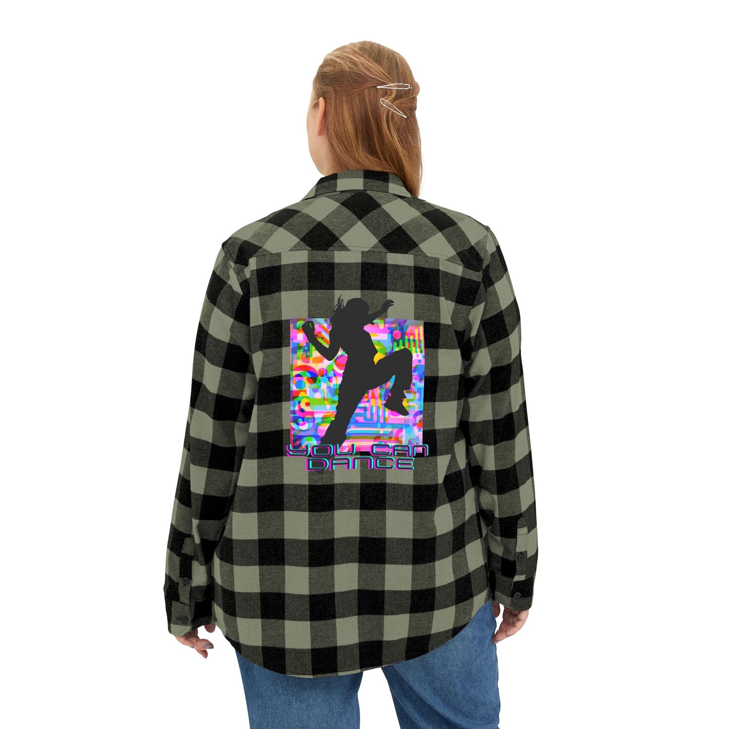 Levels Premium Collection Flannel Shirt – Unisex Streetwear Button-Up with "Levels Pictures Textures" Front Text and Bold Dancer Silhouette Back Graphic