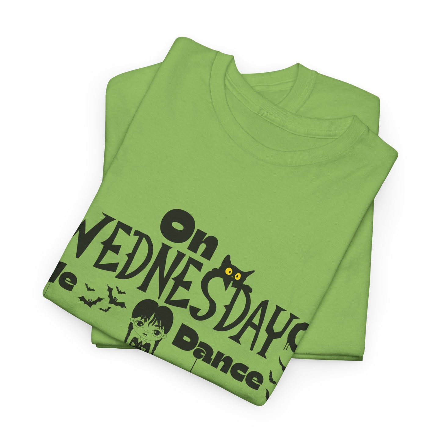 “On Wednesdays We Dance” Gothic Halloween T-Shirt with Cute Girl, Black Cat, Spiders & Bats - Unisex Heavy Cotton Tee