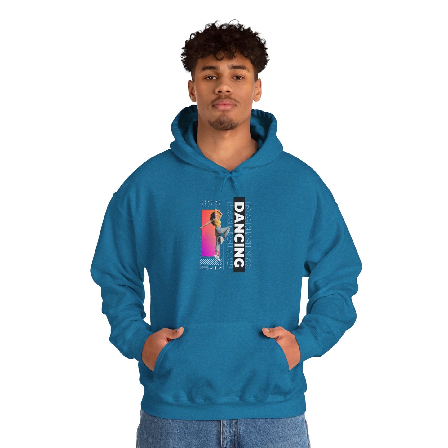 Dancing” Text with Streetwear-Style Female Dancer Graphic - Unisex Heavy Blend™ Hooded Sweatshirt – Cozy Dance Hoodie for Ballet & Hip-Hop Enthusiasts