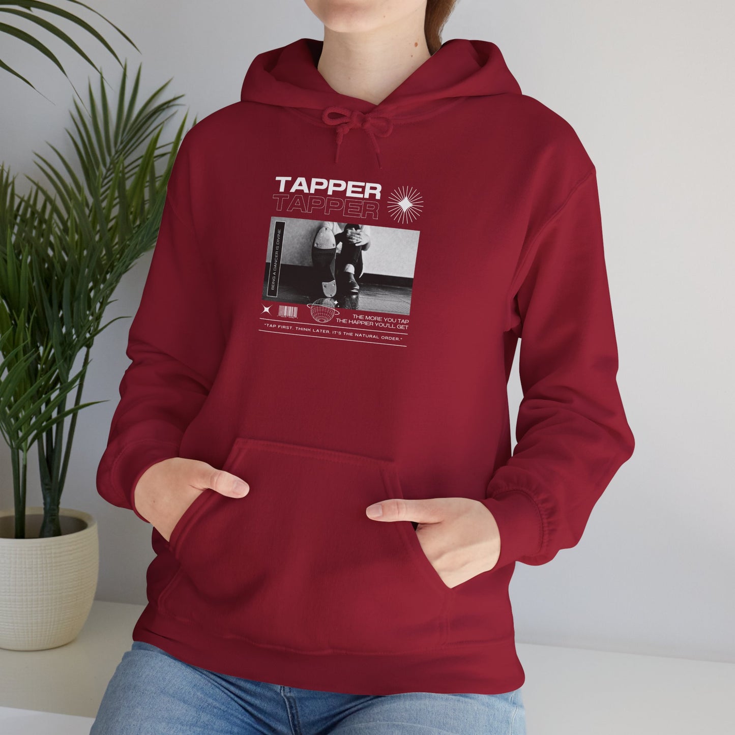 “Tapper” Tap Dance Text with Streetwear-Style Tap Shoes Graphic – Unisex Heavy Blend™ Hooded Sweatshirt – Cozy Dance Hoodie for Tap Dancers & Performing Arts Fans