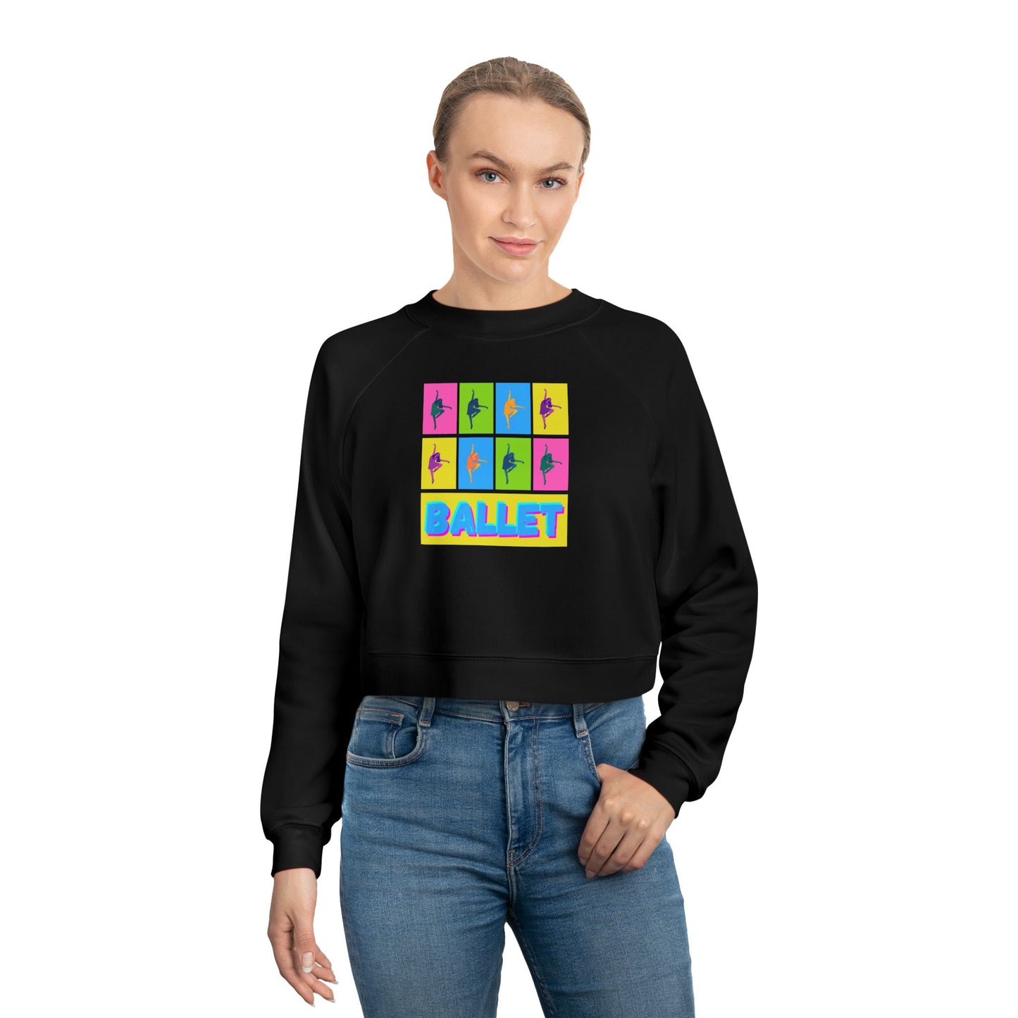 “Ballet” Pop Art Inspired Design with Ballet Dancer Graphics | Streetwear-Inspired Ballet Dance Sweatshirt for Dancers & Enthusiasts - Women’s Cropped Sweatshirt